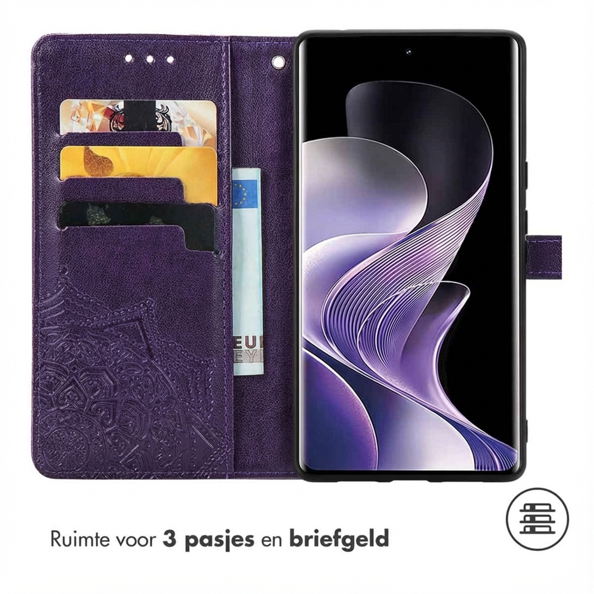 Paarse telefoonhoes met kaarthouders en vak voor biljetten. Smartphone met paars scherm.