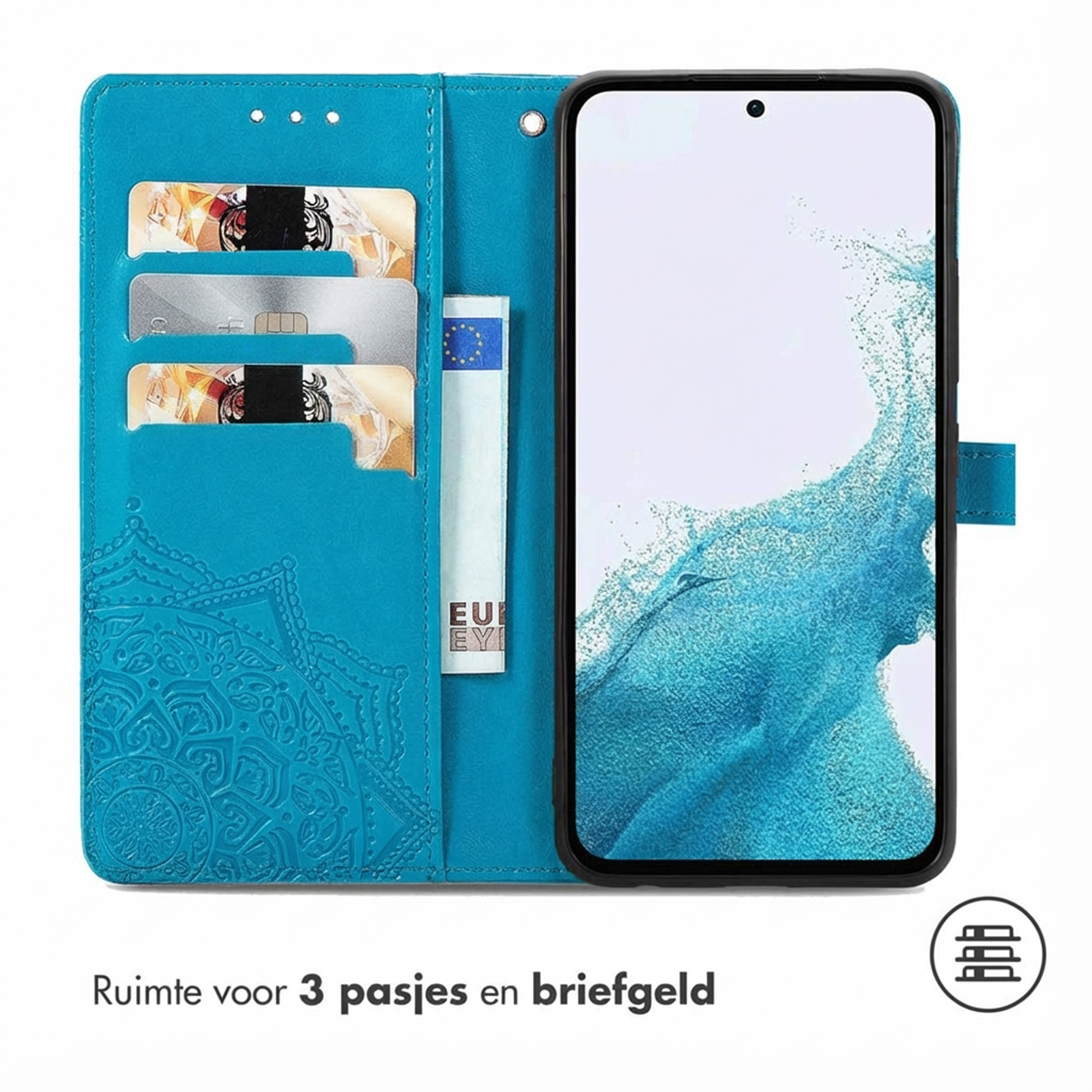 Un étui de téléphone bleu avec des fentes pour cartes et un billet.