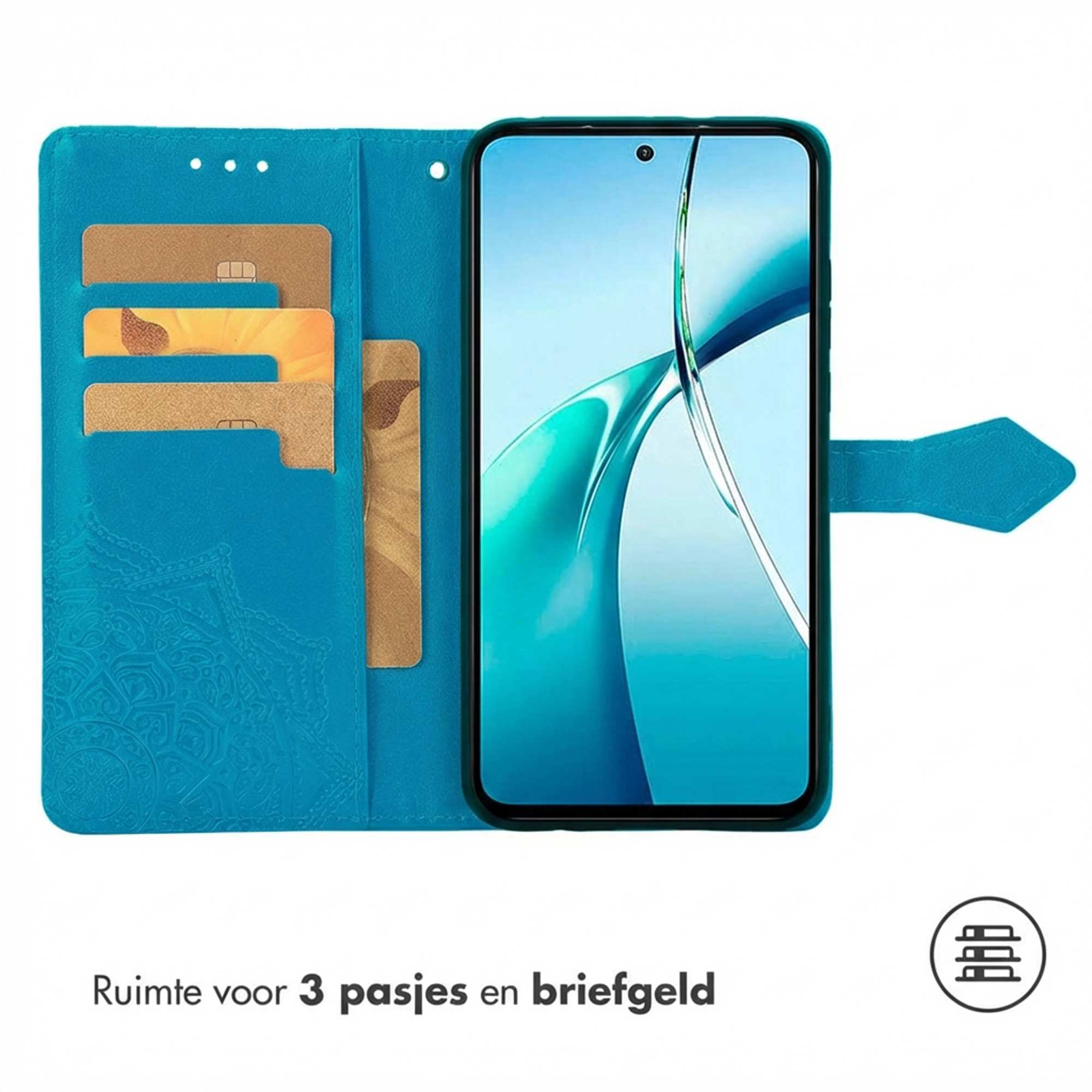 Étui portefeuille bleu pour téléphone avec fentes pour cartes.