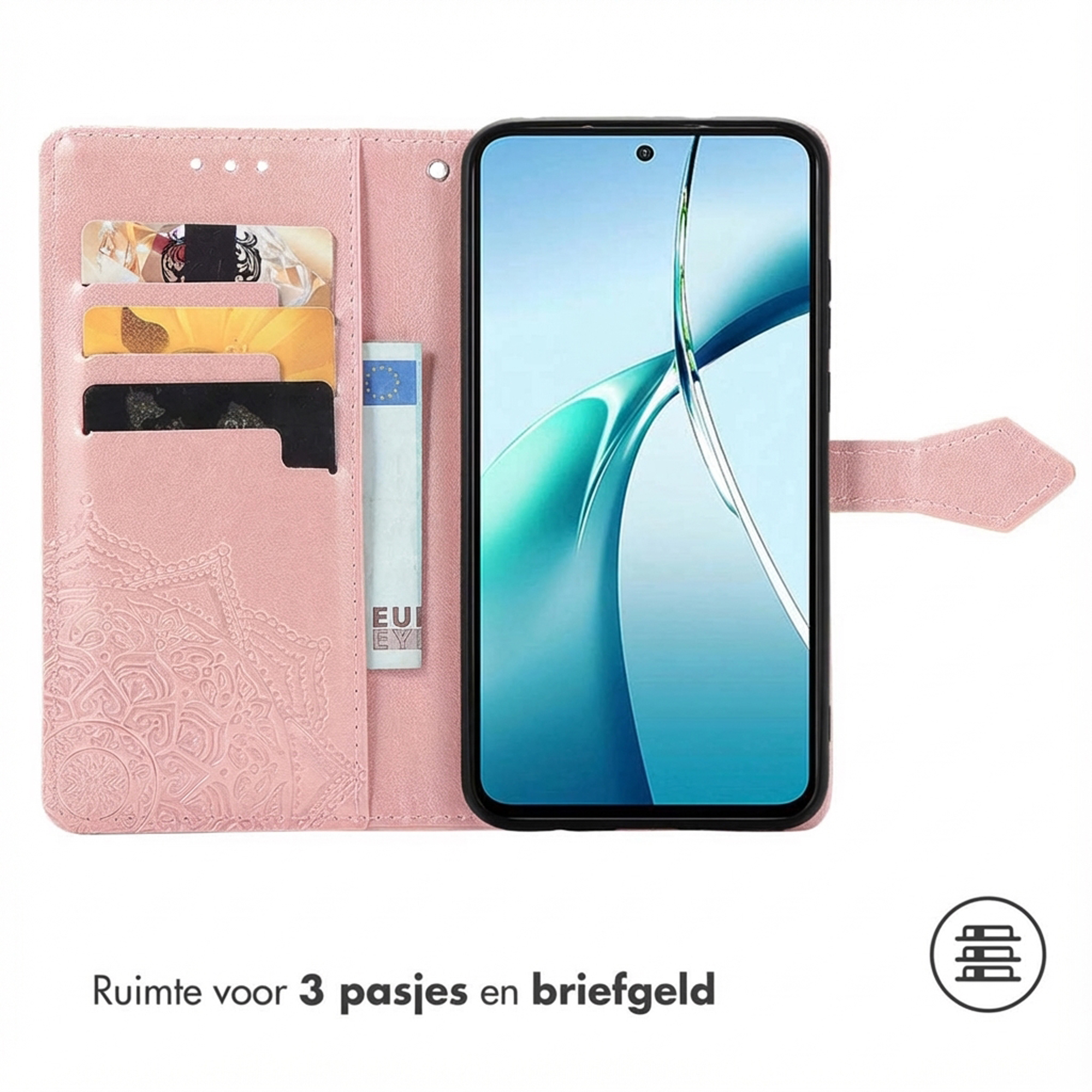 Een roze telefoonhoesje met kaartsleuven en een telefoon erin.