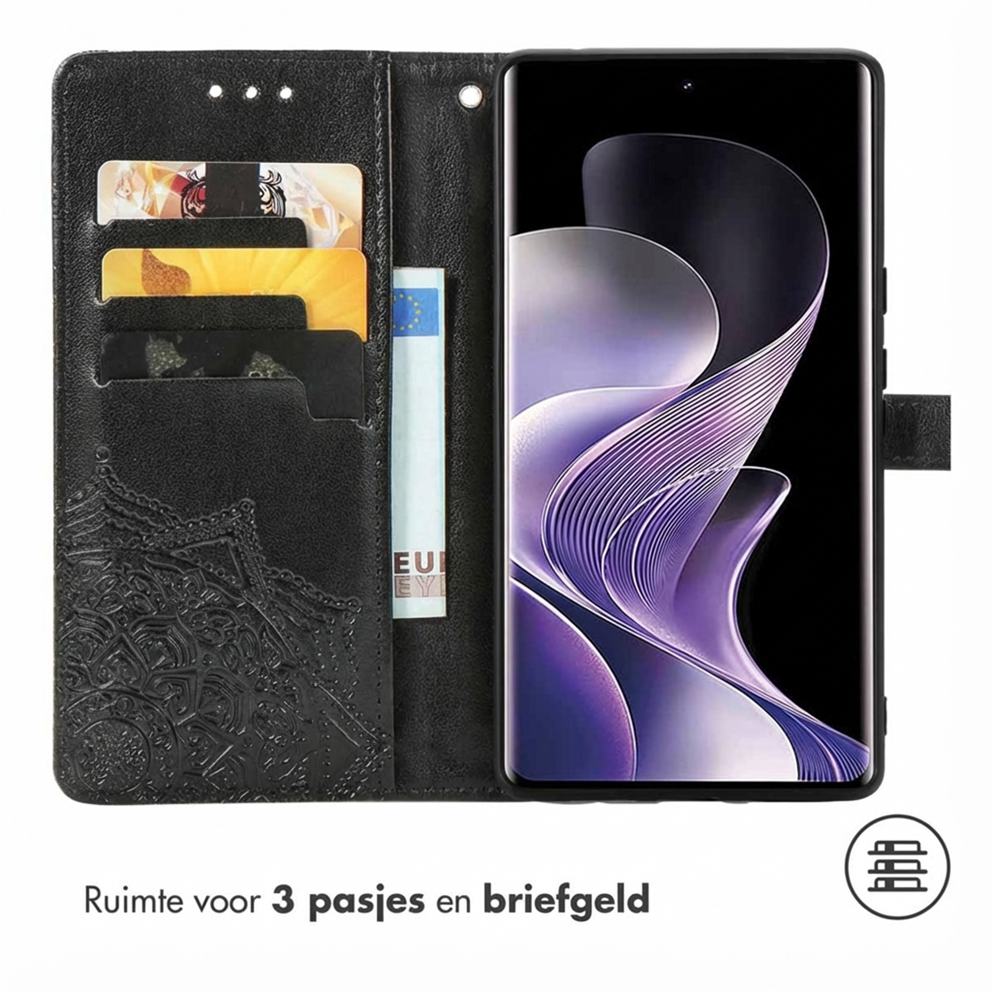 Zwarte telefoonhoes met kaarthouders en telefoon. Reliëfpatroon.