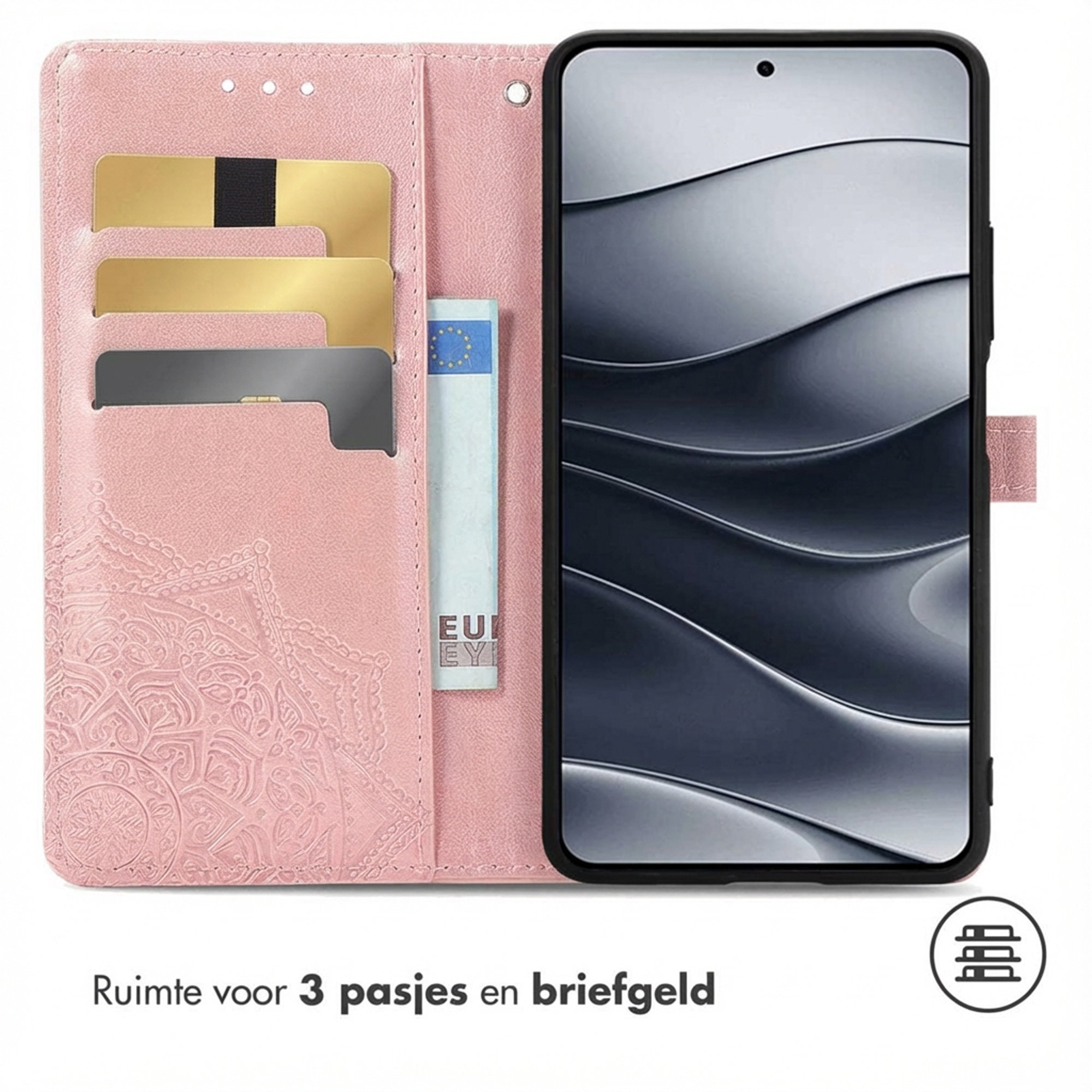 Een roze flip telefoonhoesje met kaartsleuven en een telefoon.