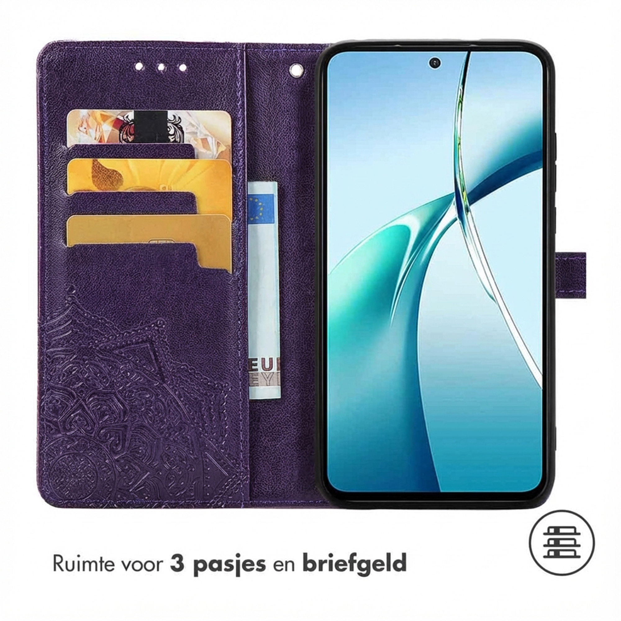 Paarse telefoonhoes met kaarthouders en geldvak, naast een smartphone.