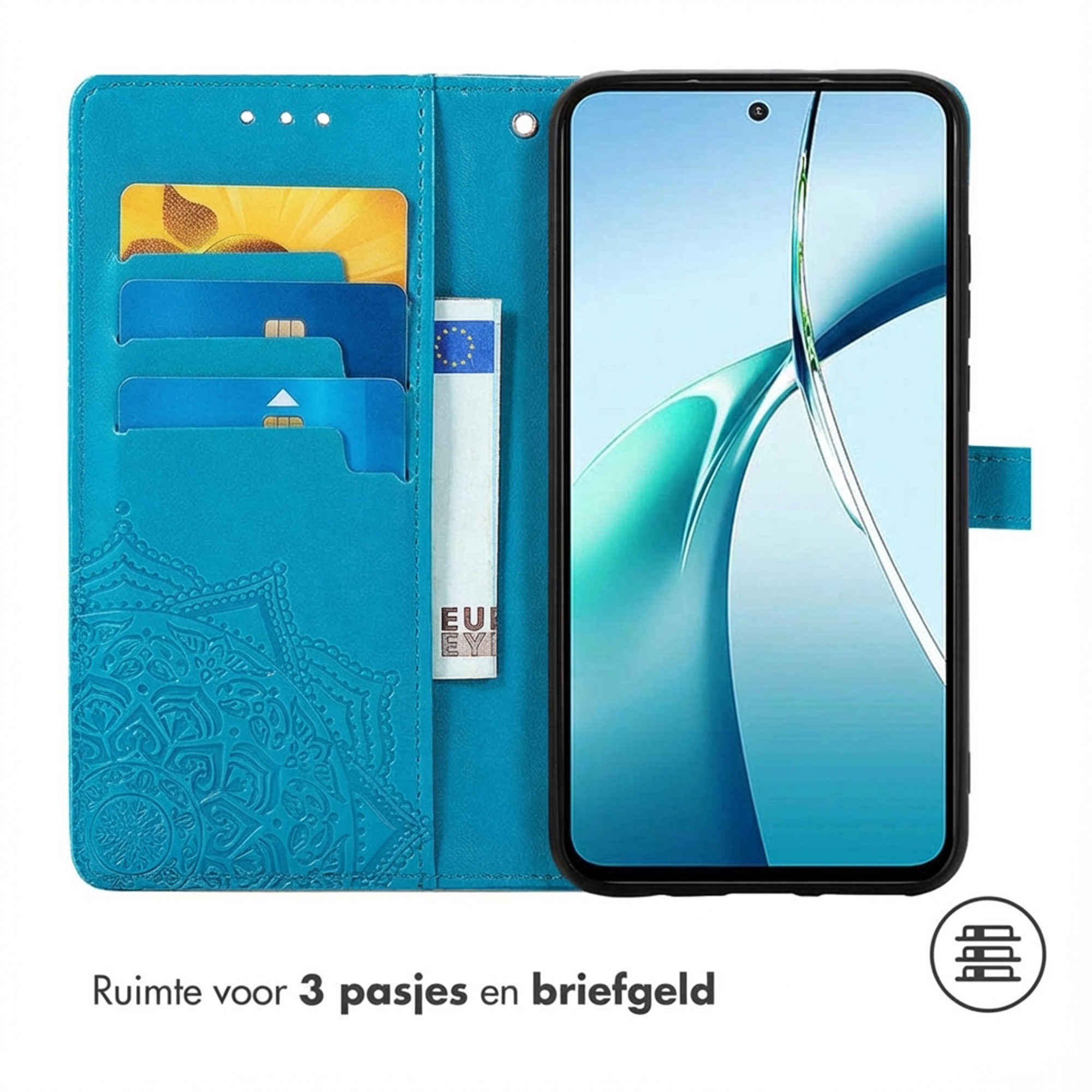 Blauw telefoonhoesje met kaartsleuven en geldvak. Mandala patroon.