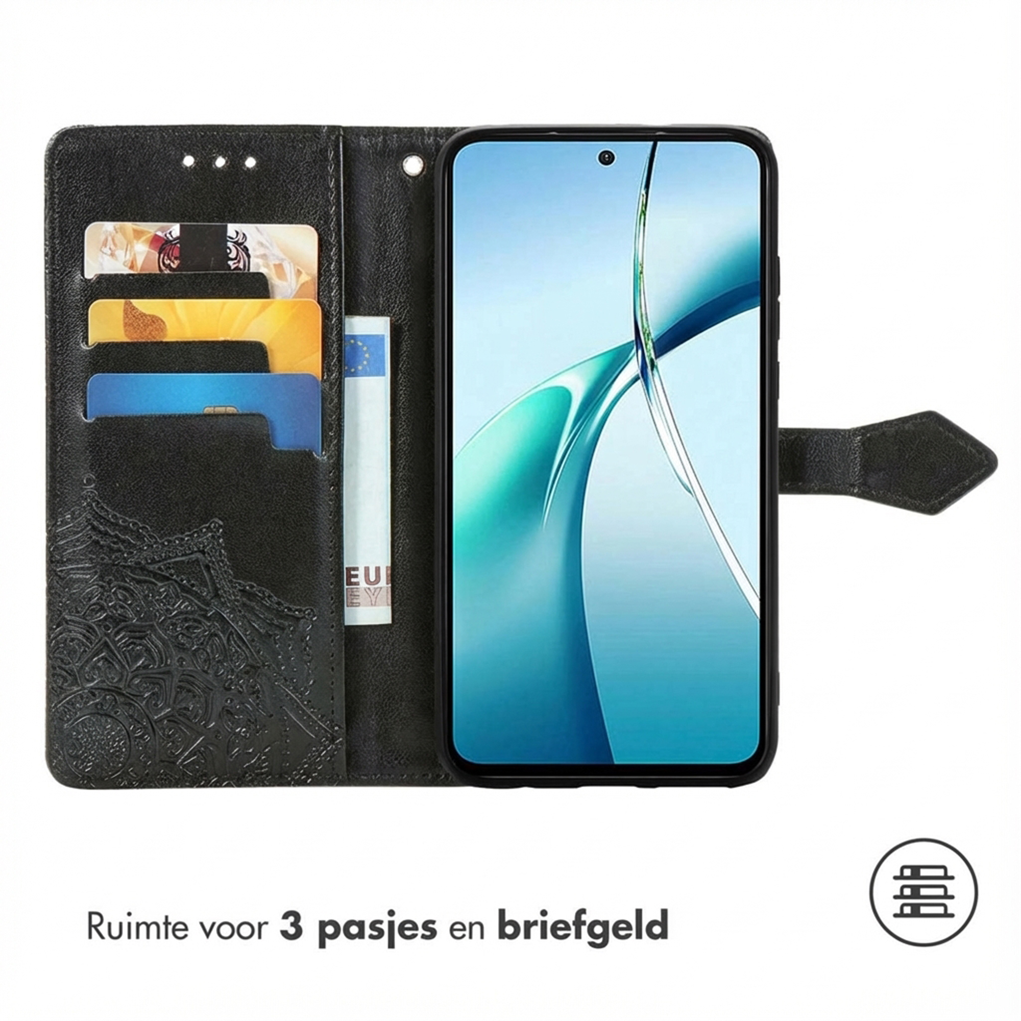 Zwart portemonnee-etui met telefoon, kaarthouders en geldvak.