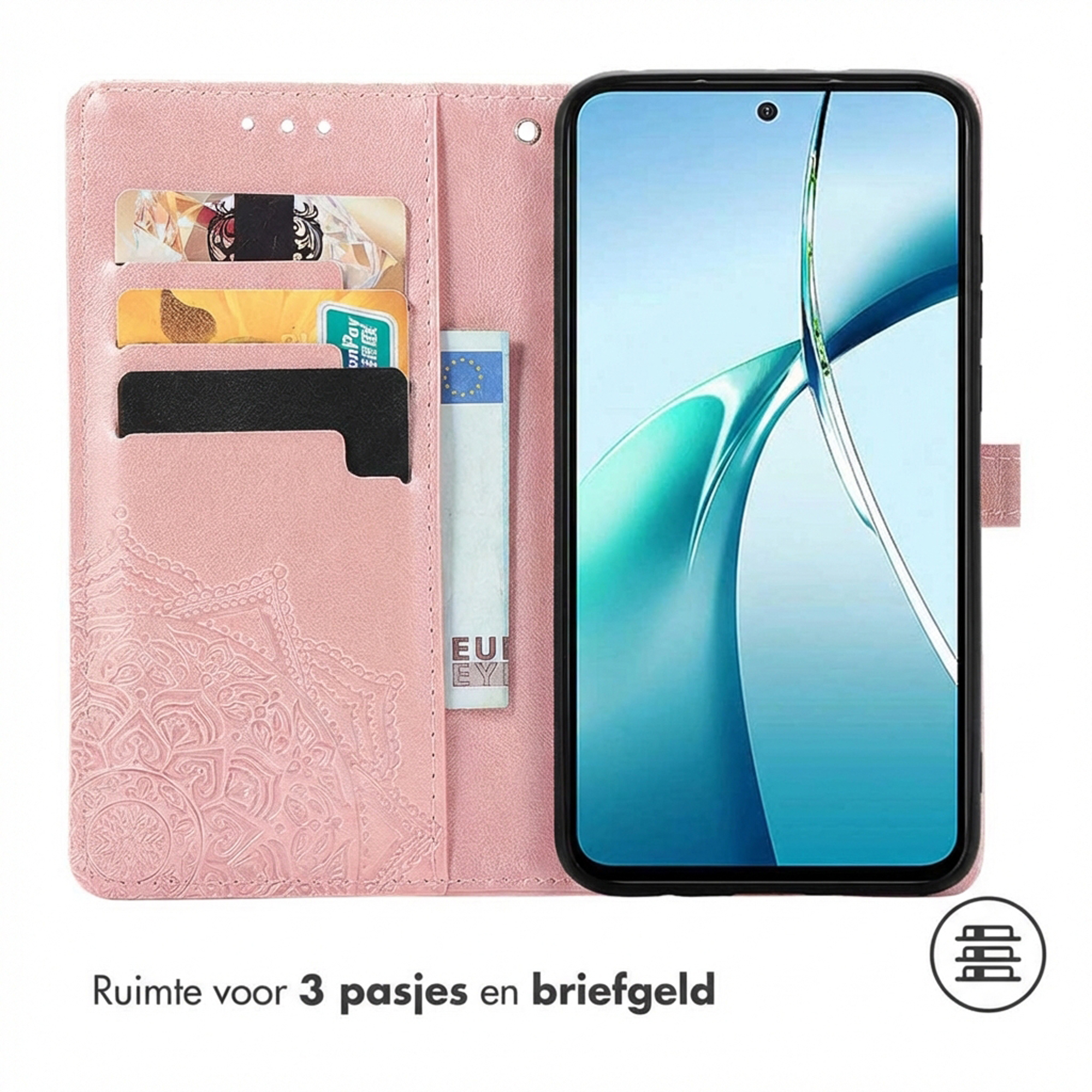 Roze telefoonhoes met kaarthouders en mandala-reliëf. Een smartphone is geplaatst.