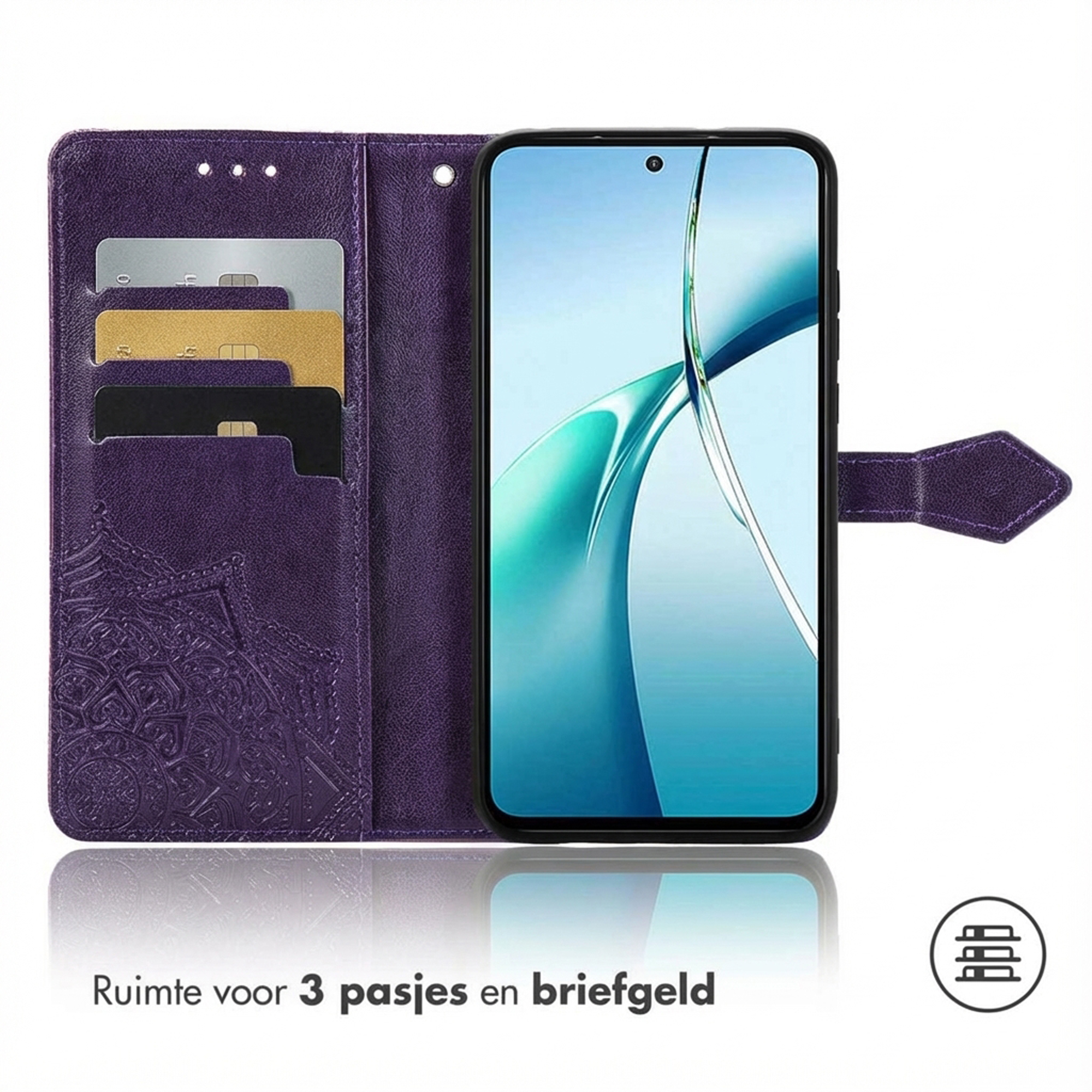 Étui de téléphone violet ouvert avec fentes pour cartes.