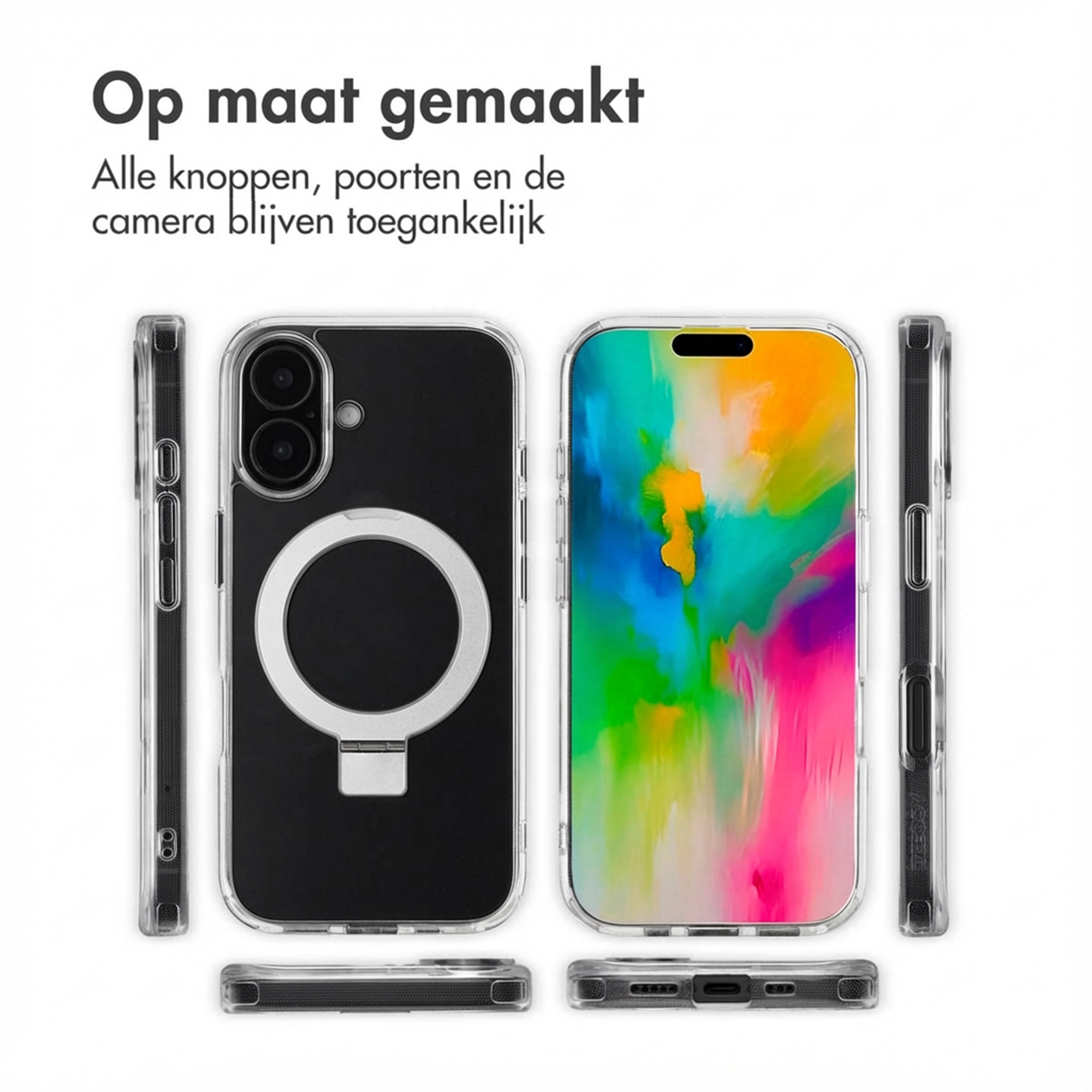 Coques de téléphone transparentes, une avec un insert noir.