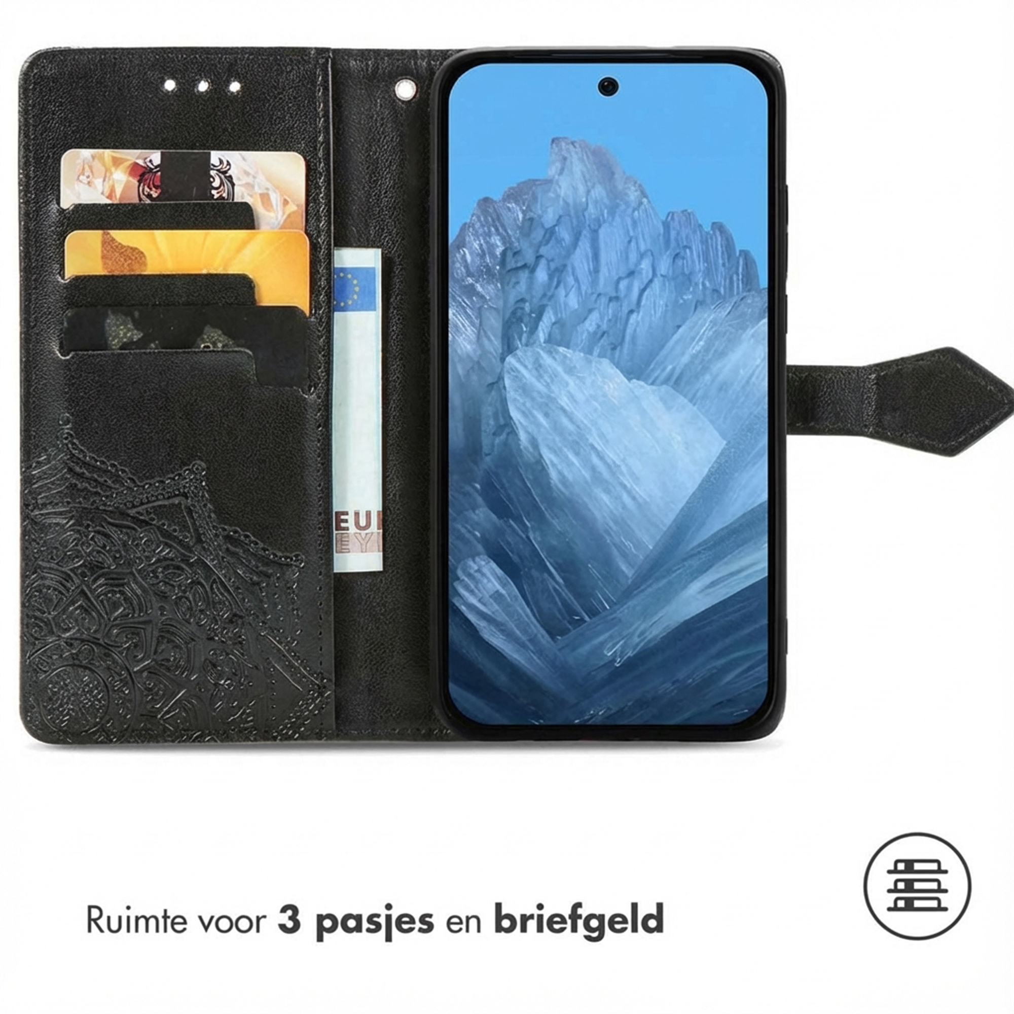 Zwarte telefoonhoes met kaartsleuven en eurobiljet, open.