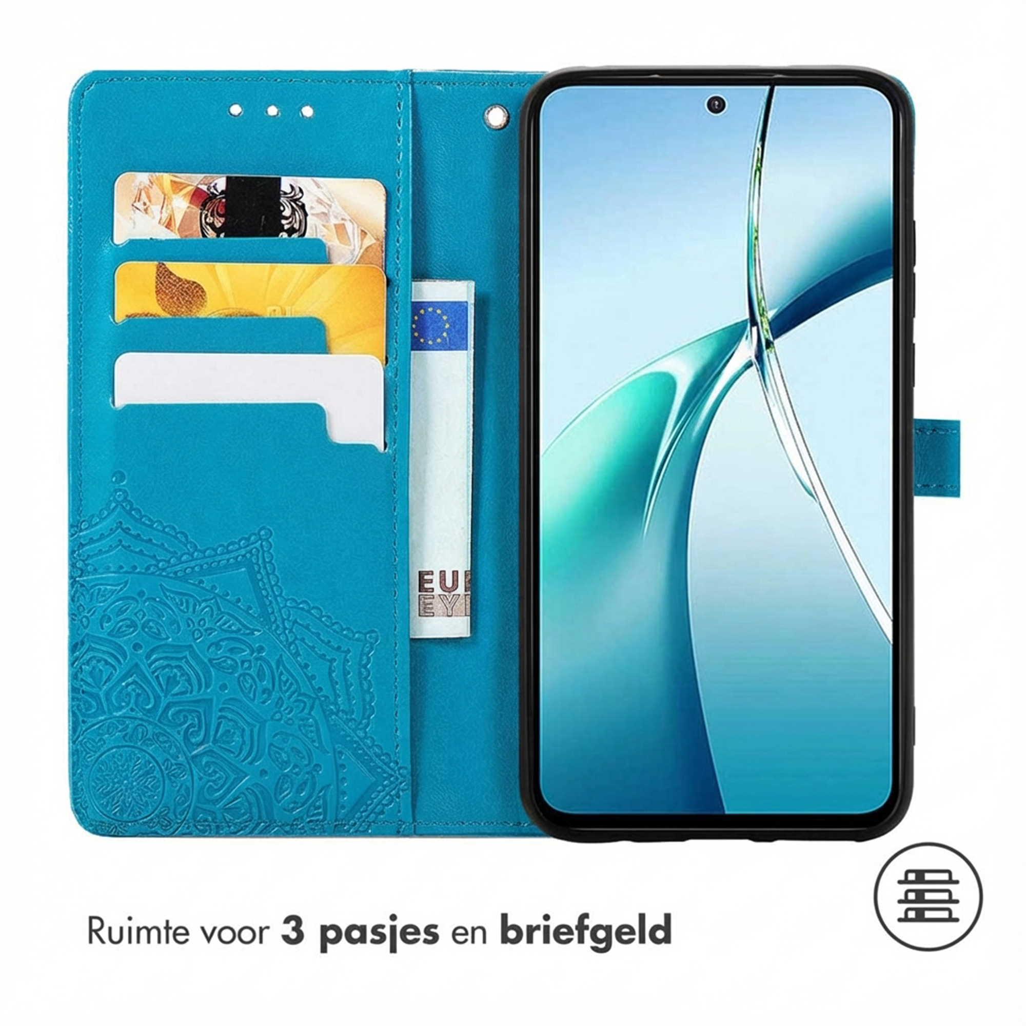 Custodia a libro blu per telefono con slot per carte e goffratura mandala.