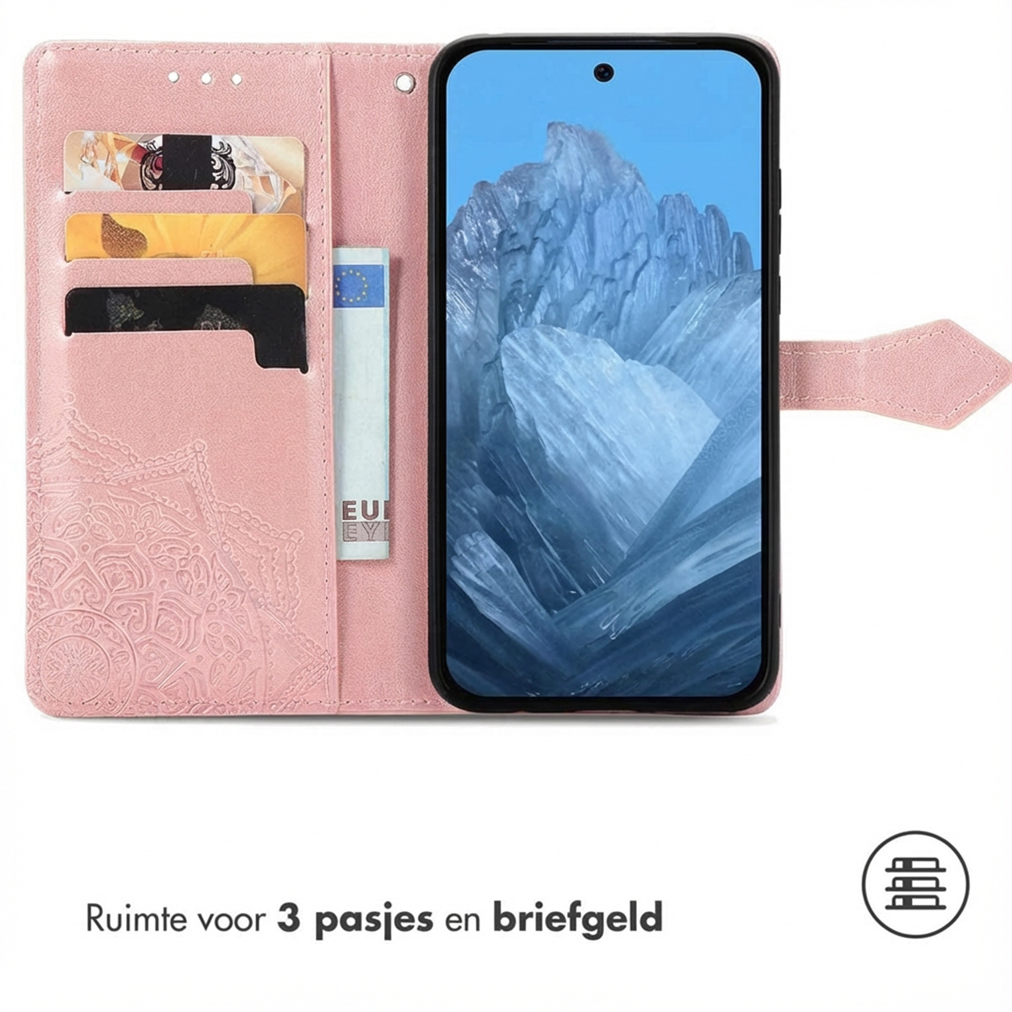 Een roze telefoonhoes met kaartsleuven en een telefoon met een blauw behang.