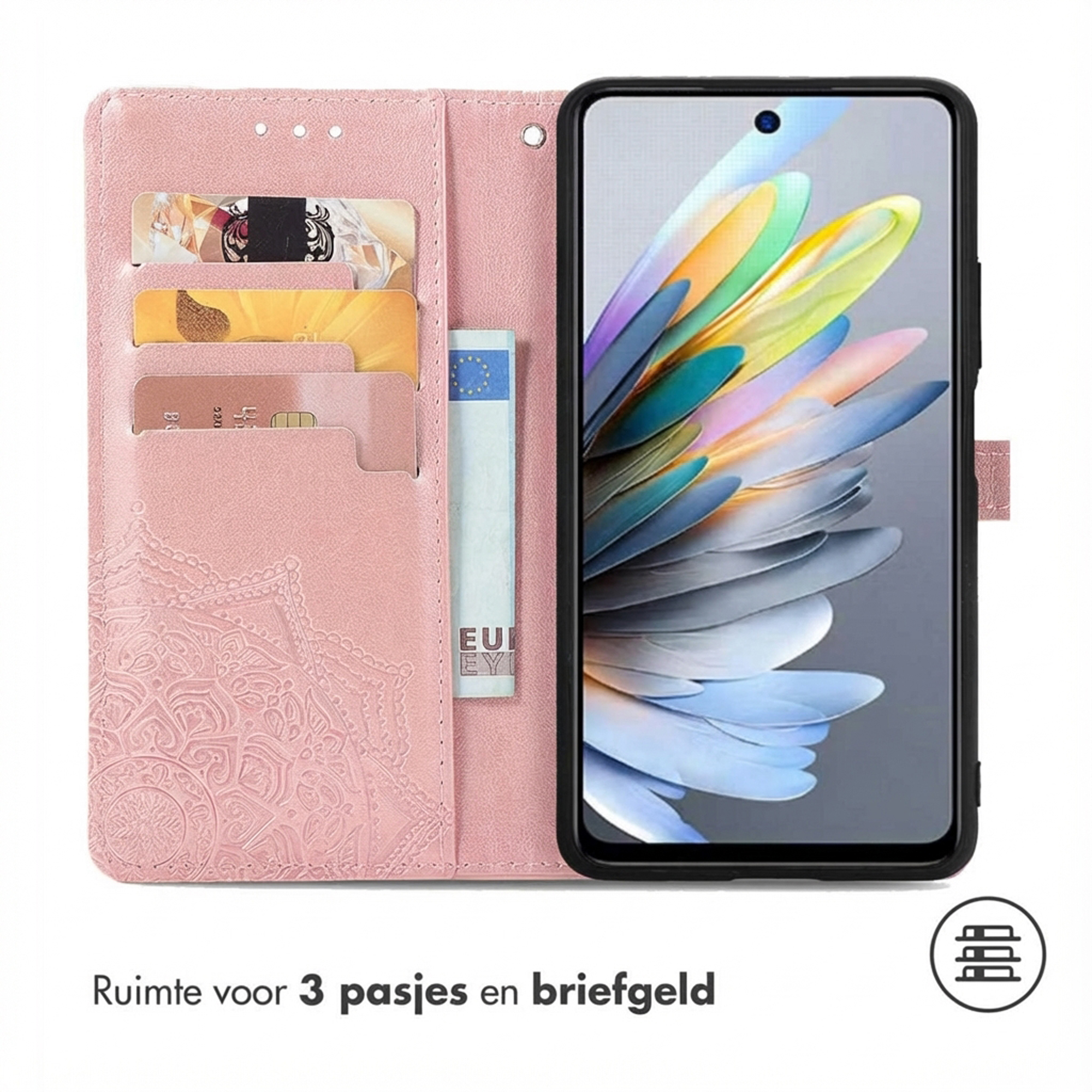 Un étui de téléphone rose avec des fentes pour cartes et un billet en euros à côté d'un smartphone.