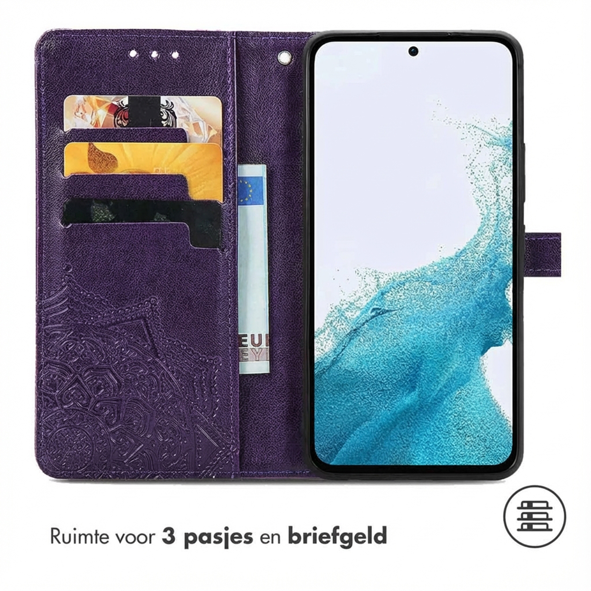 Étui portefeuille violet pour téléphone avec fentes pour cartes et un téléphone.