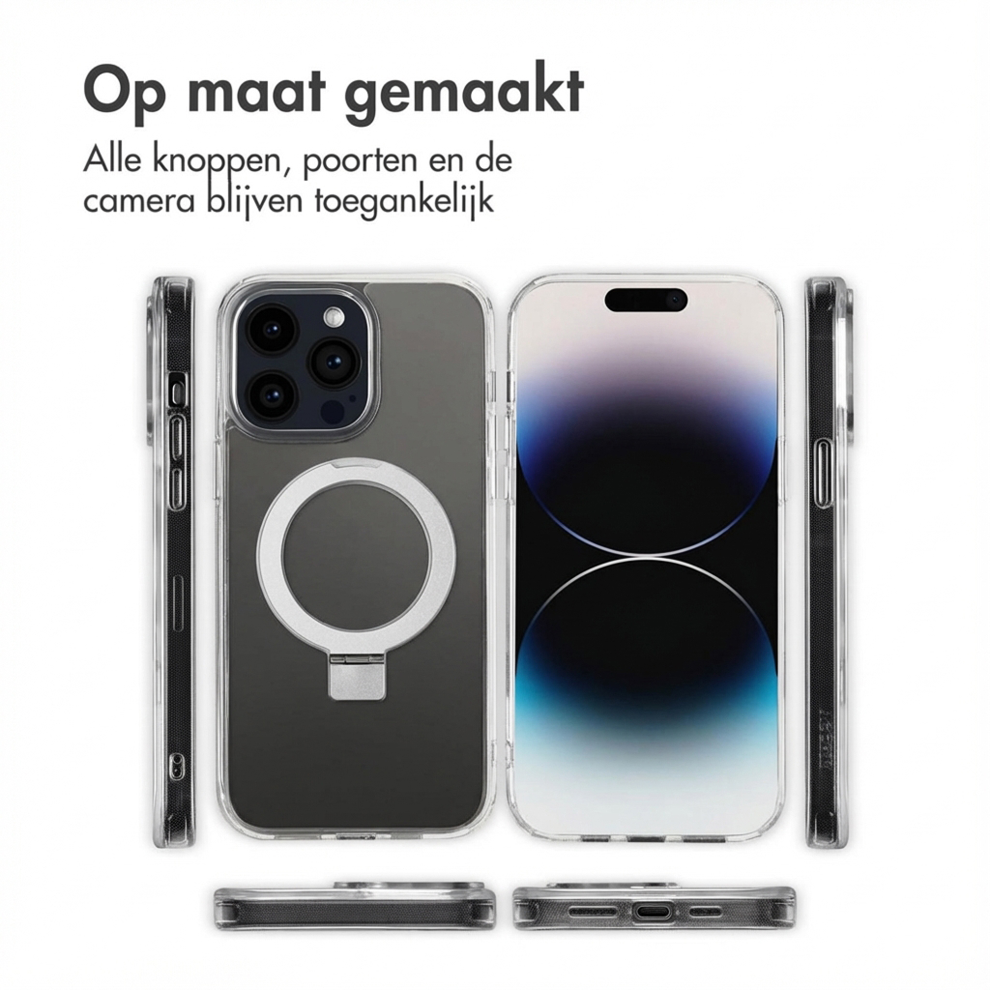 Transparante telefoonhoes met ringhouder, voor- en achterkant.