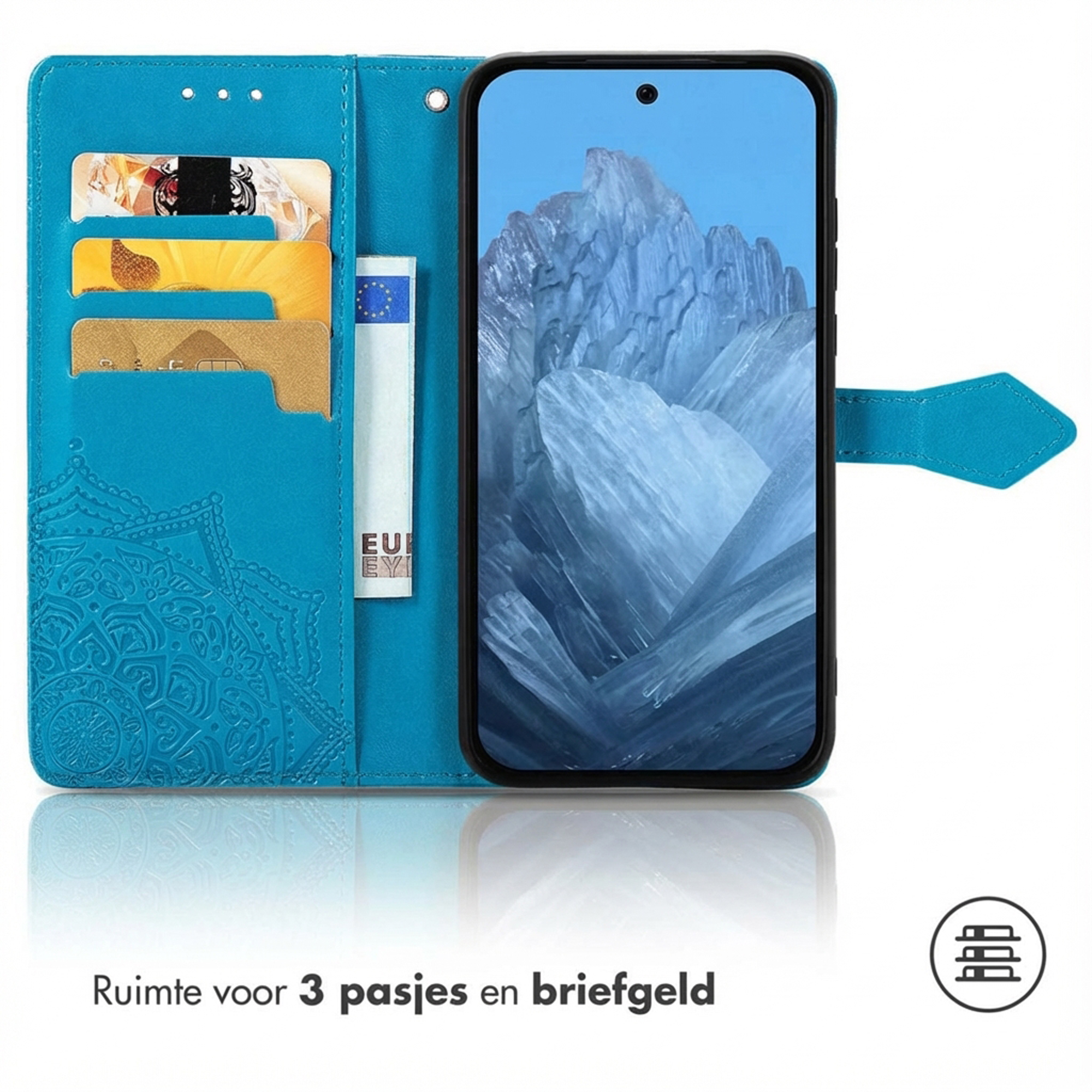 Étui de téléphone bleu sarcelle avec fentes pour cartes et motif mandala.