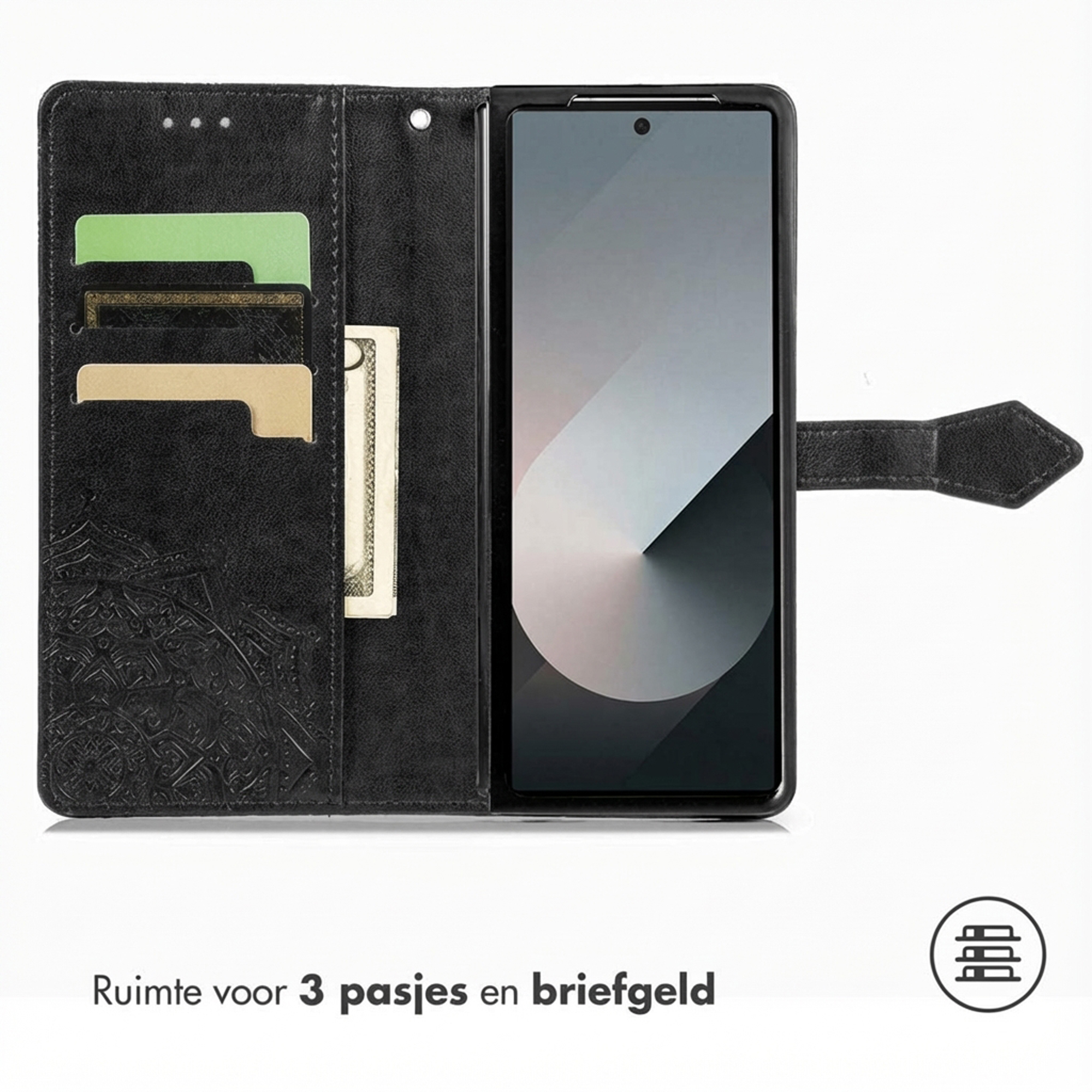 Zwart telefoonhoesje met kaartsleuven en biljetvak voor smartphone.