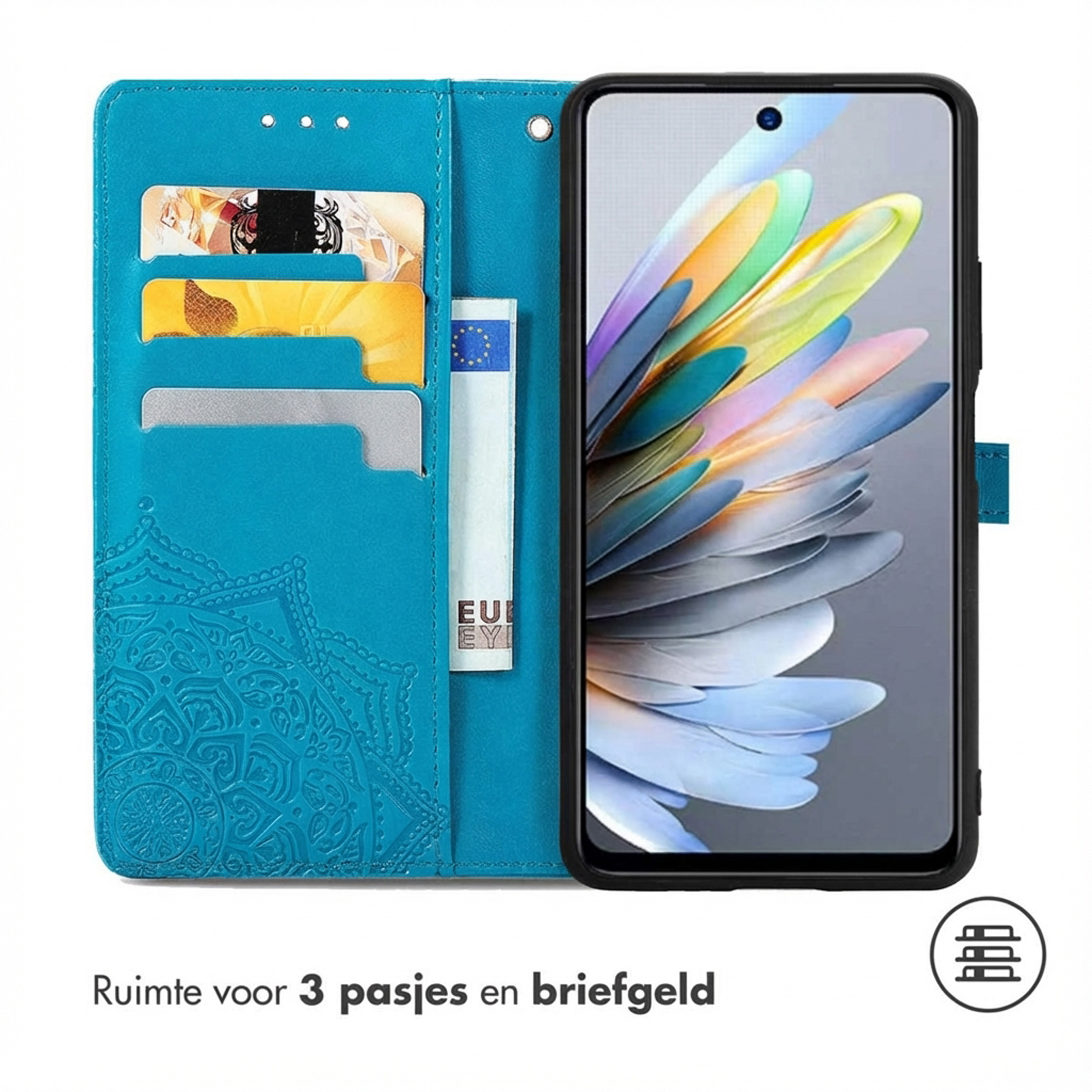 Étui de téléphone turquoise avec fentes pour cartes, gaufrage mandala et billet en euros.