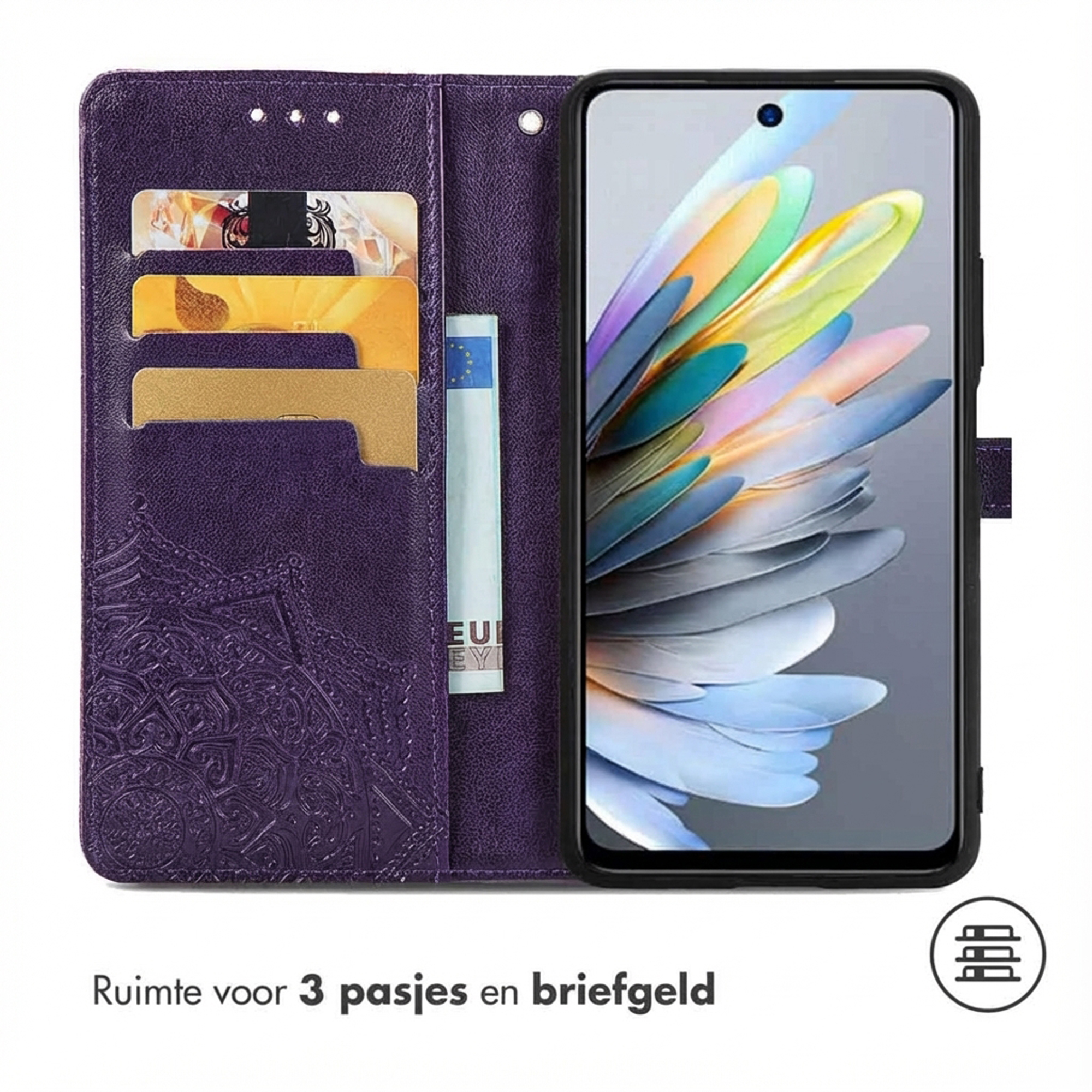 Paarse telefoonhoes met kaarthouders voor kaarten en geld.