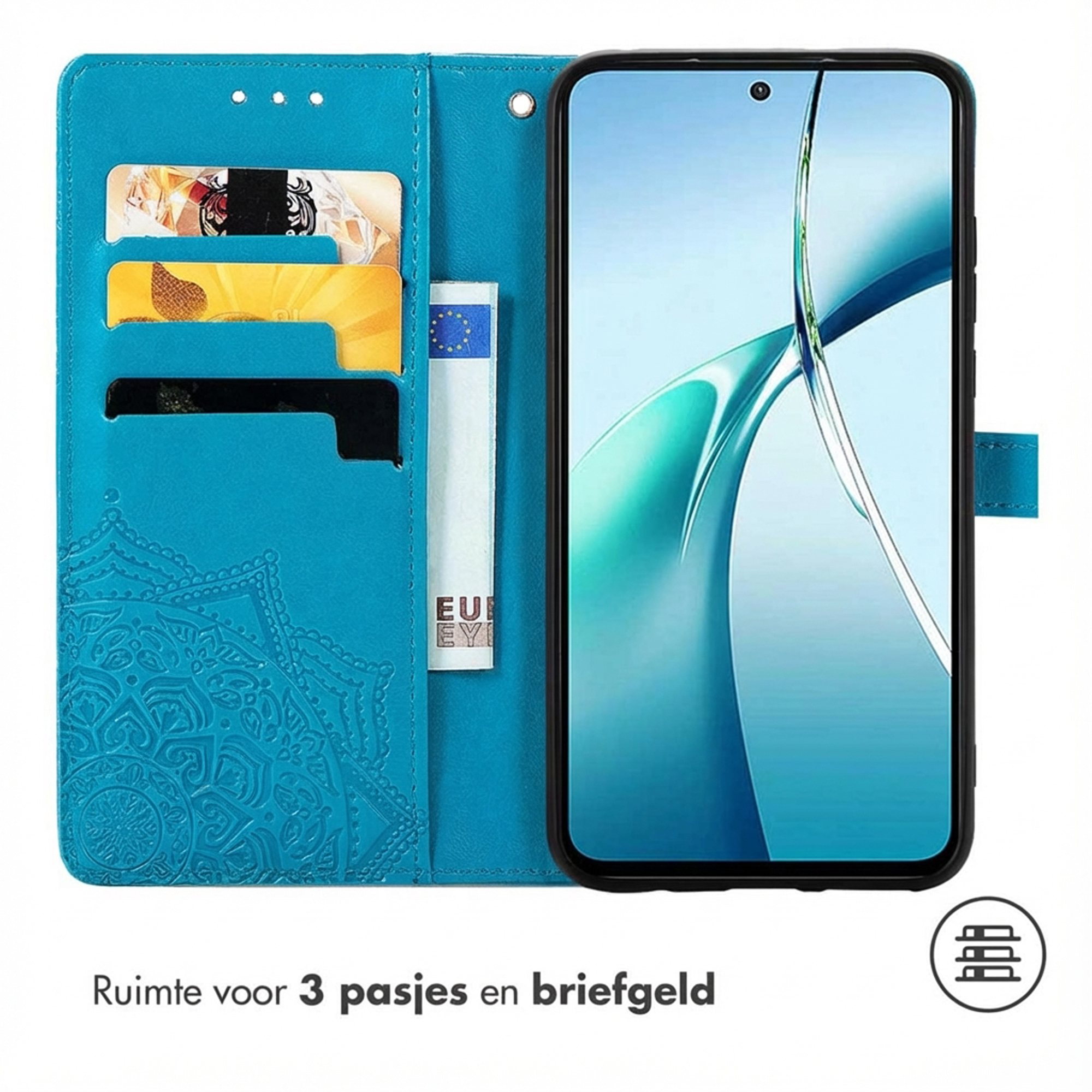 Blauw telefoonhoesje met kaartsleuven en telefoon.