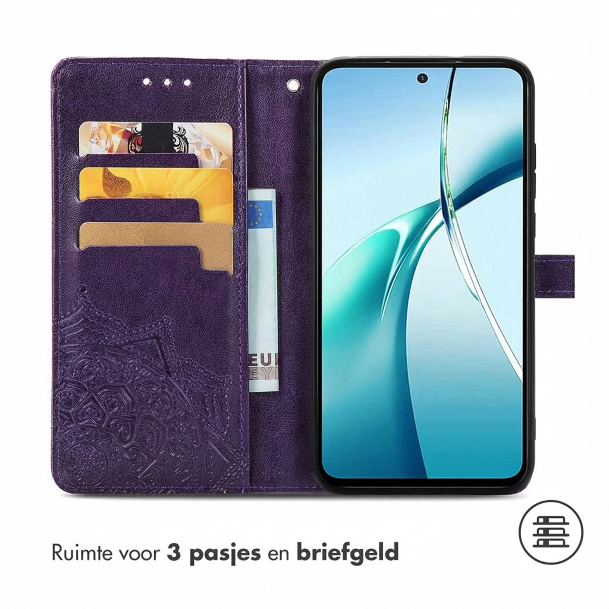 Étui de téléphone violet avec fentes pour cartes et poche à billets.