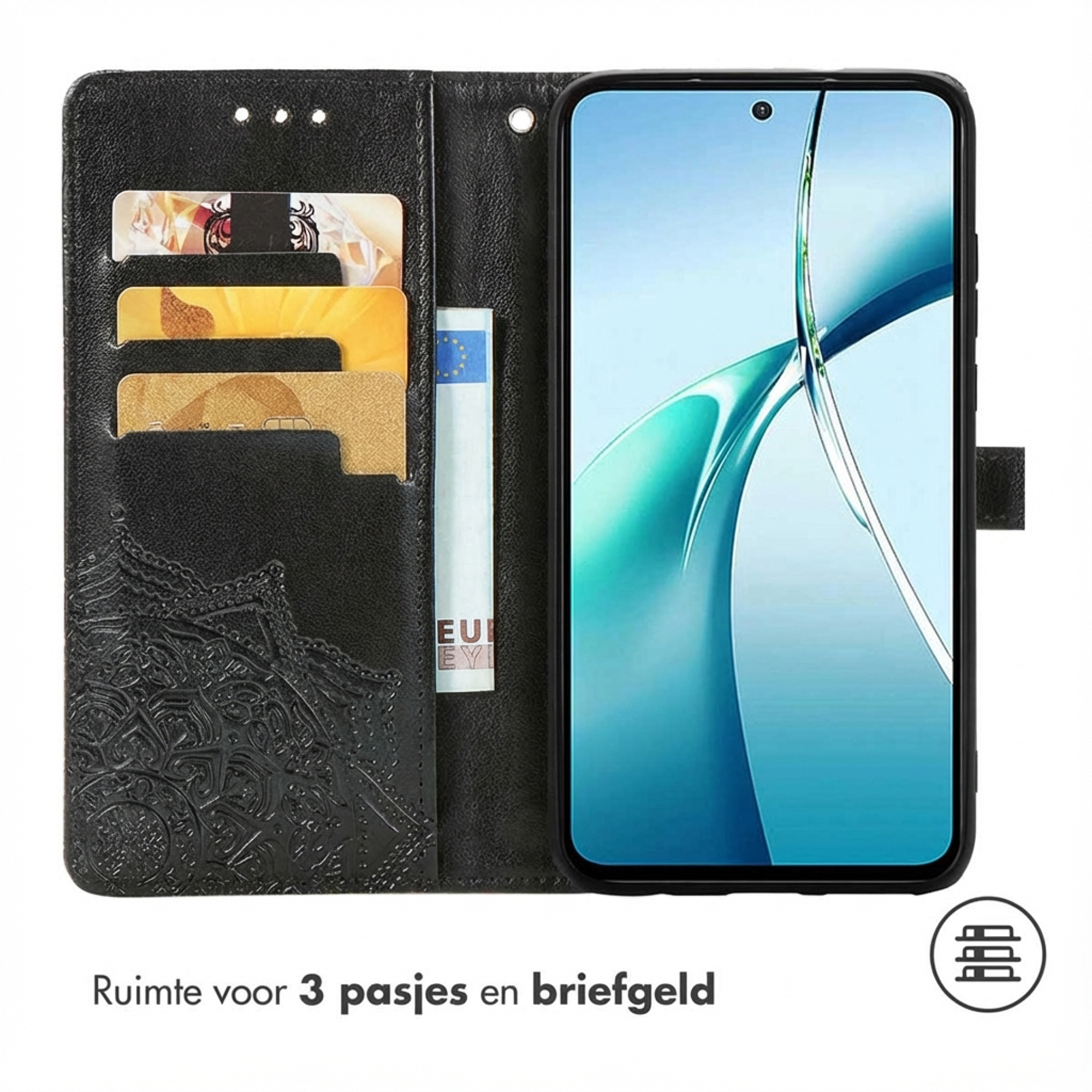Zwarte portemonnee-hoes met kaartsleuven en smartphone met blauw scherm.