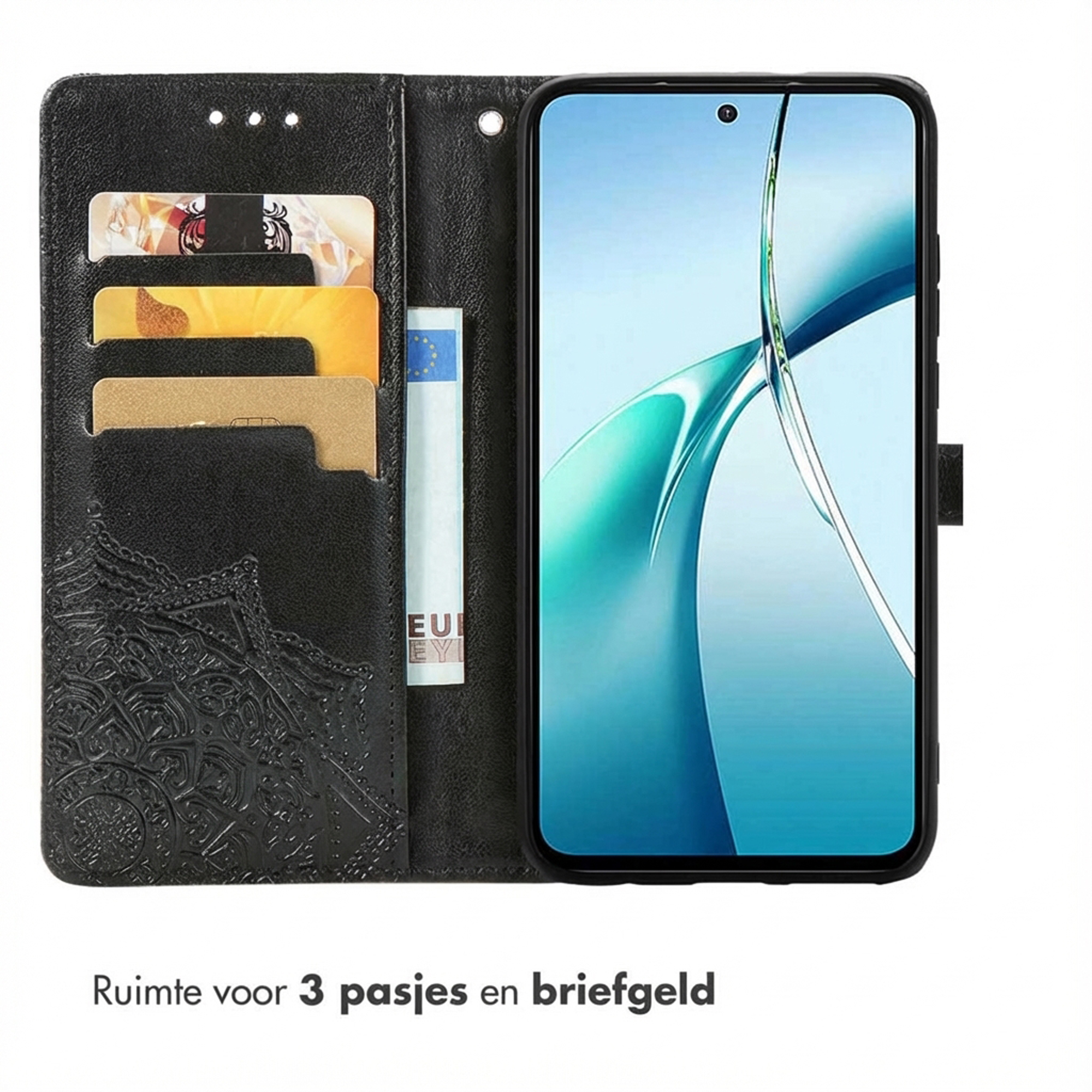 Zwarte telefoonhoes met kaarthouders en reliëfpatroon, toont een smartphone.