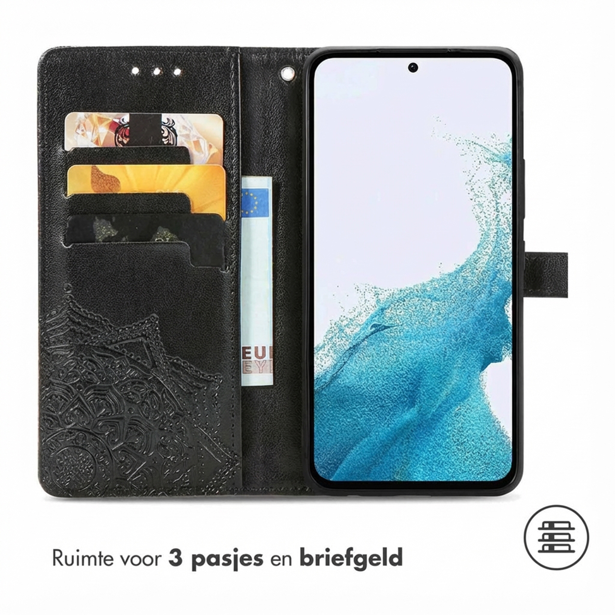 Zwart telefoonhoesje met kaarthouders, geldvak en telefoon.