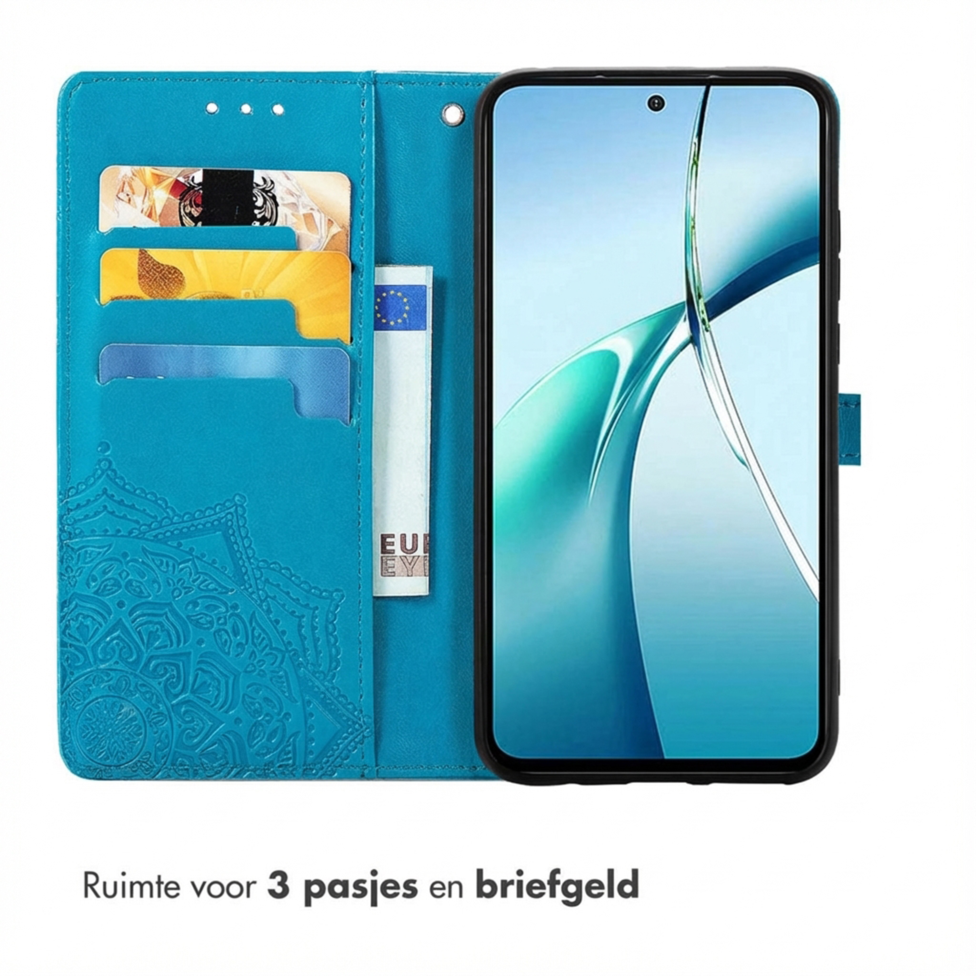 Blauw telefoonhoesje met kaartsleuven en biljetvak. Telefoonscherm is zichtbaar.