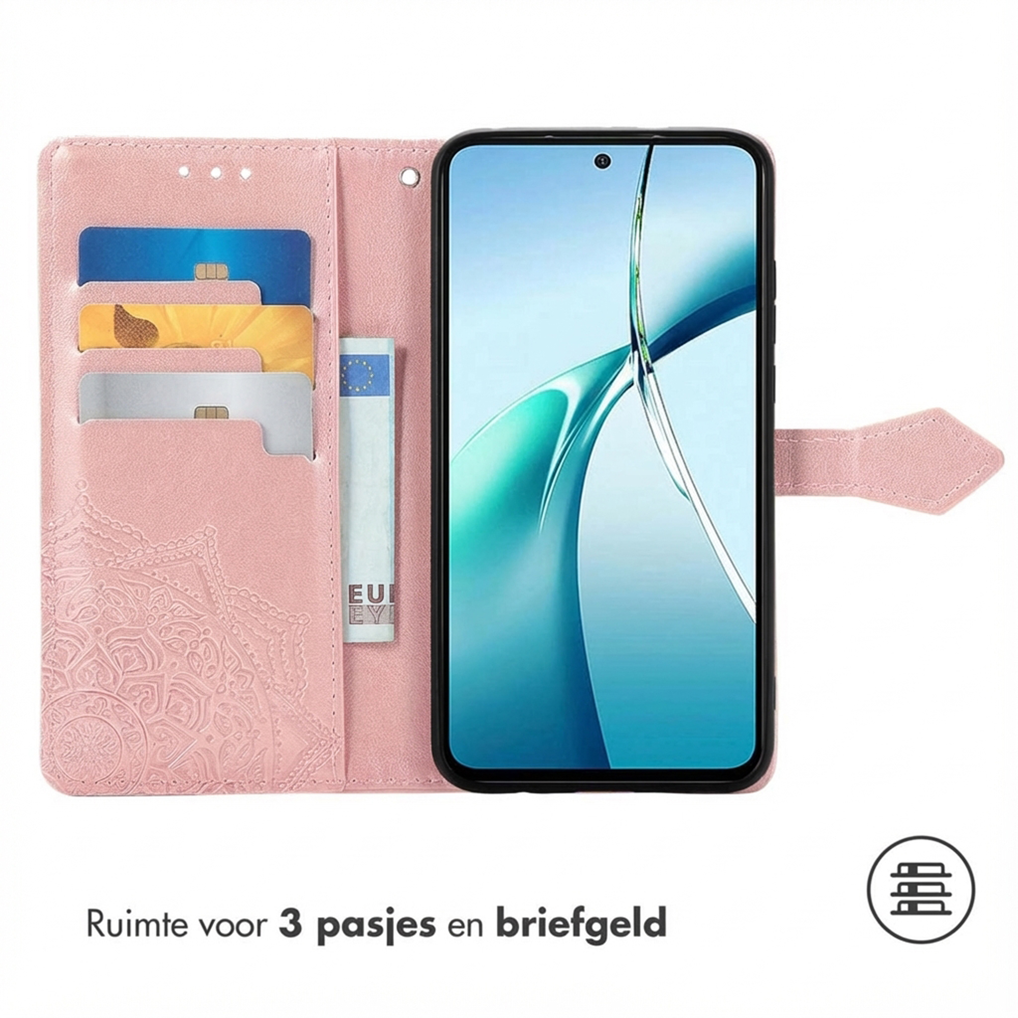 Een roze telefoonhoes met kaartsleuven en een telefoon.