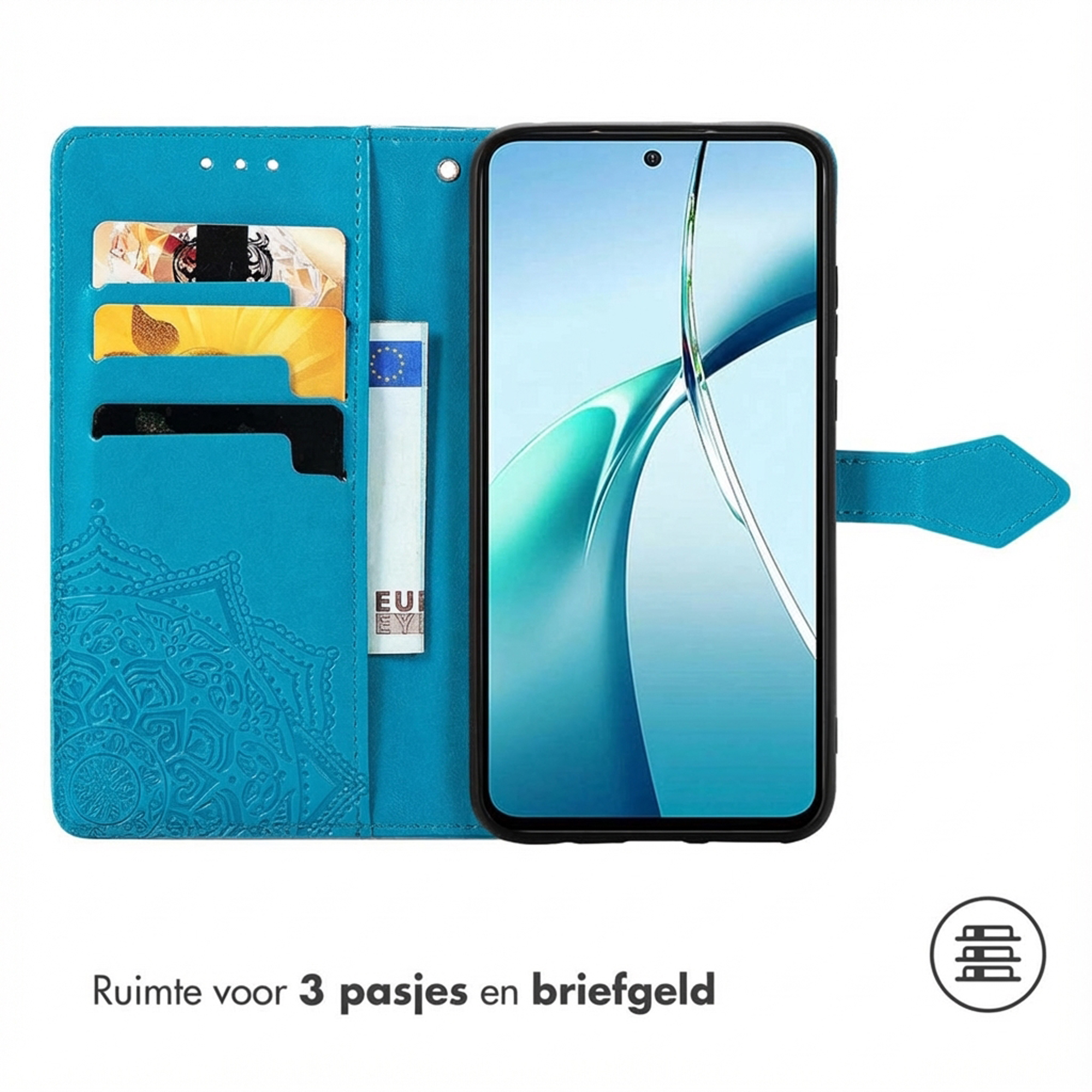 Un étui de téléphone bleu avec fentes pour cartes et poche à billets.