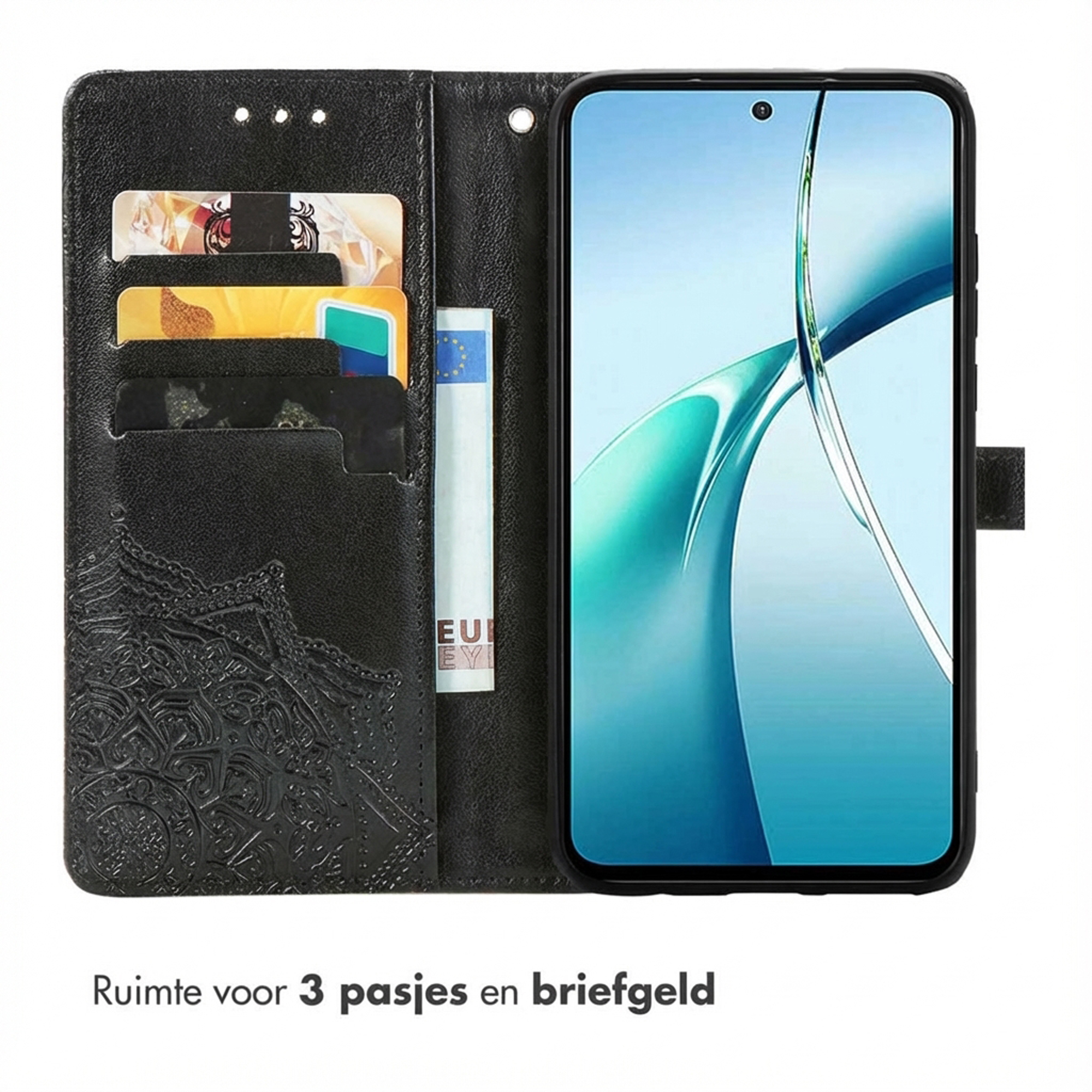 Étui portefeuille noir pour téléphone avec fentes pour cartes et un téléphone affichant un fond d'écran abstrait bleu.
