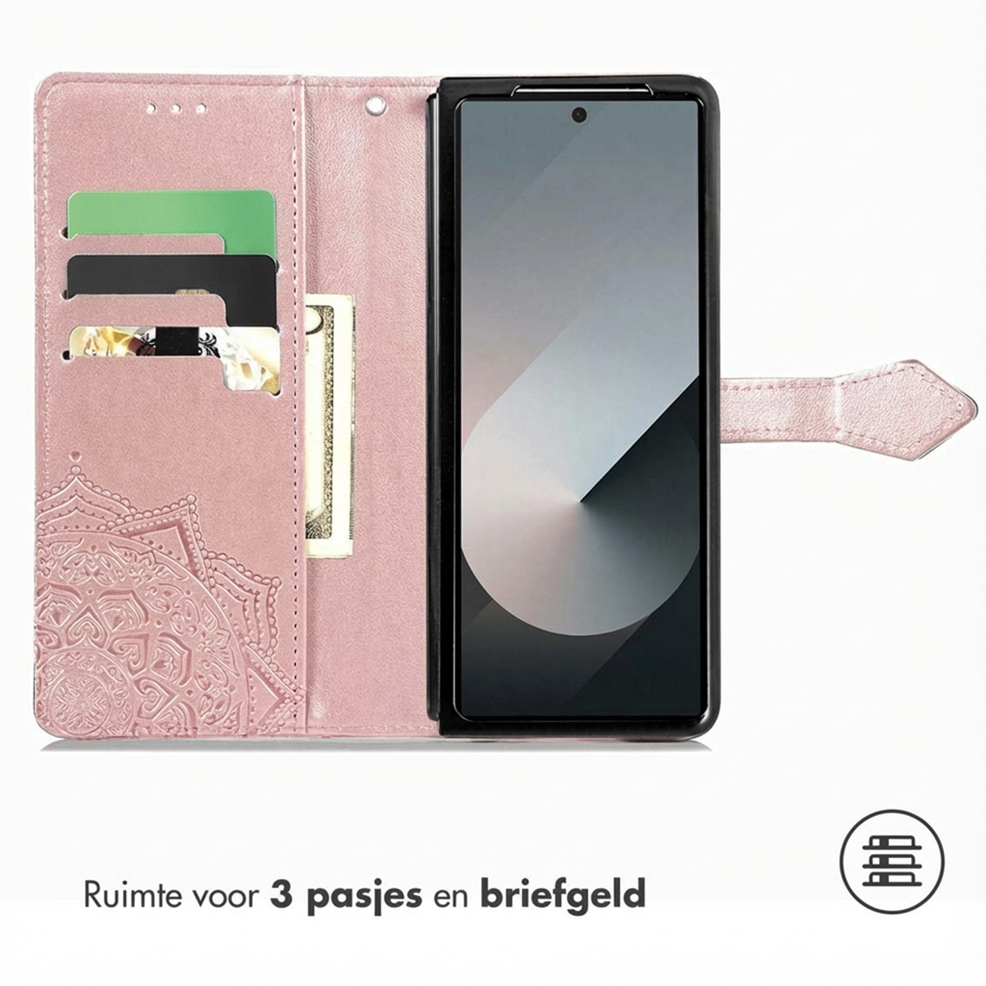 Een roze telefoonhoes met kaartsleuven en een telefoon erin.
