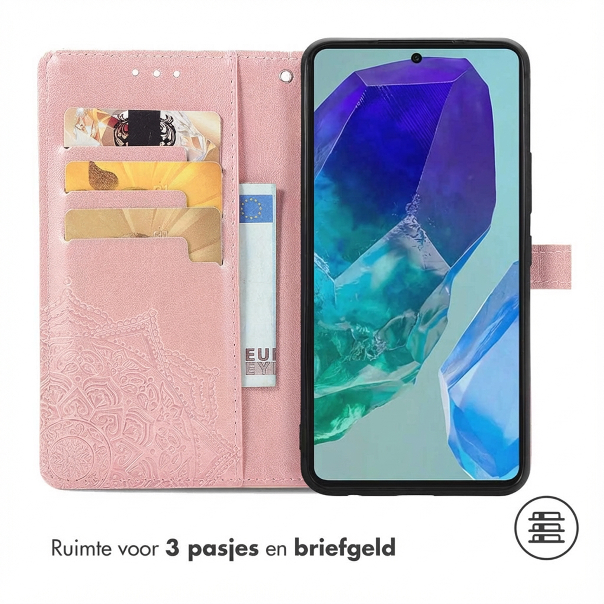Een roze telefoonhoesje met kaarthouders en een telefoon met een blauw abstracte achtergrond.