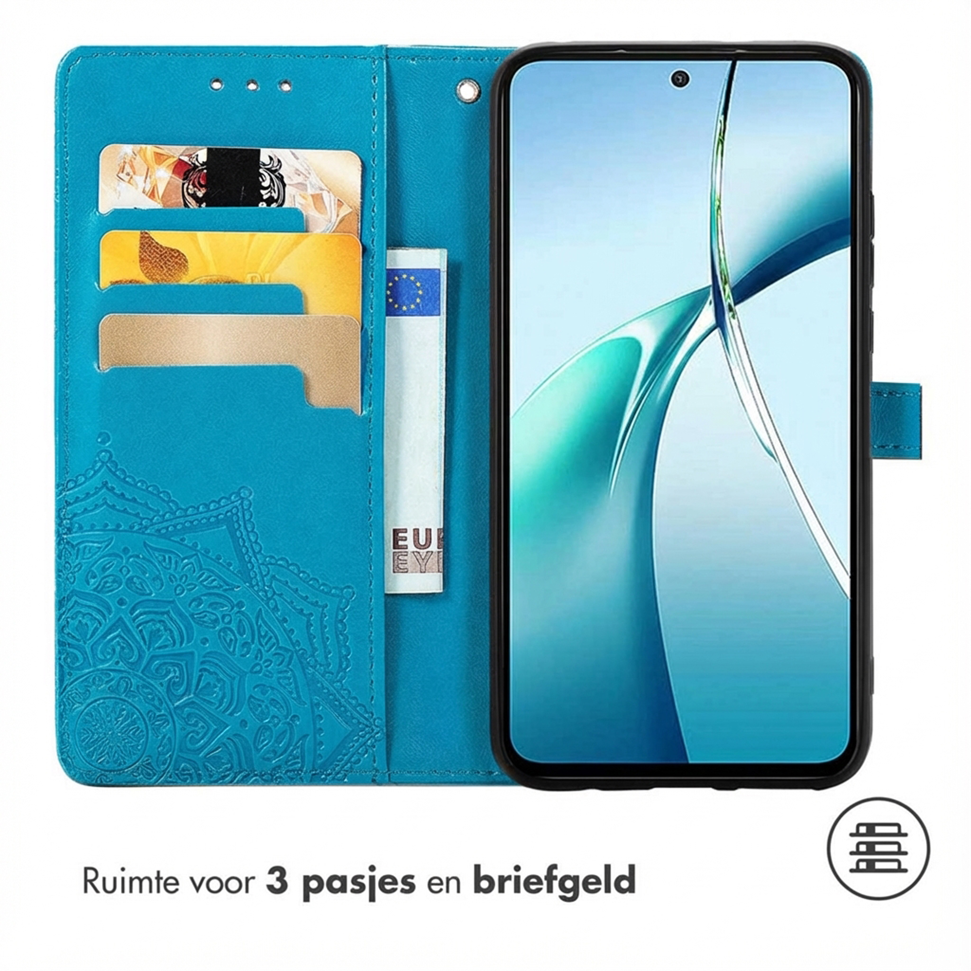 Turquoise telefoonhoes met kaarthouders en telefoon. Mandala patroon.
