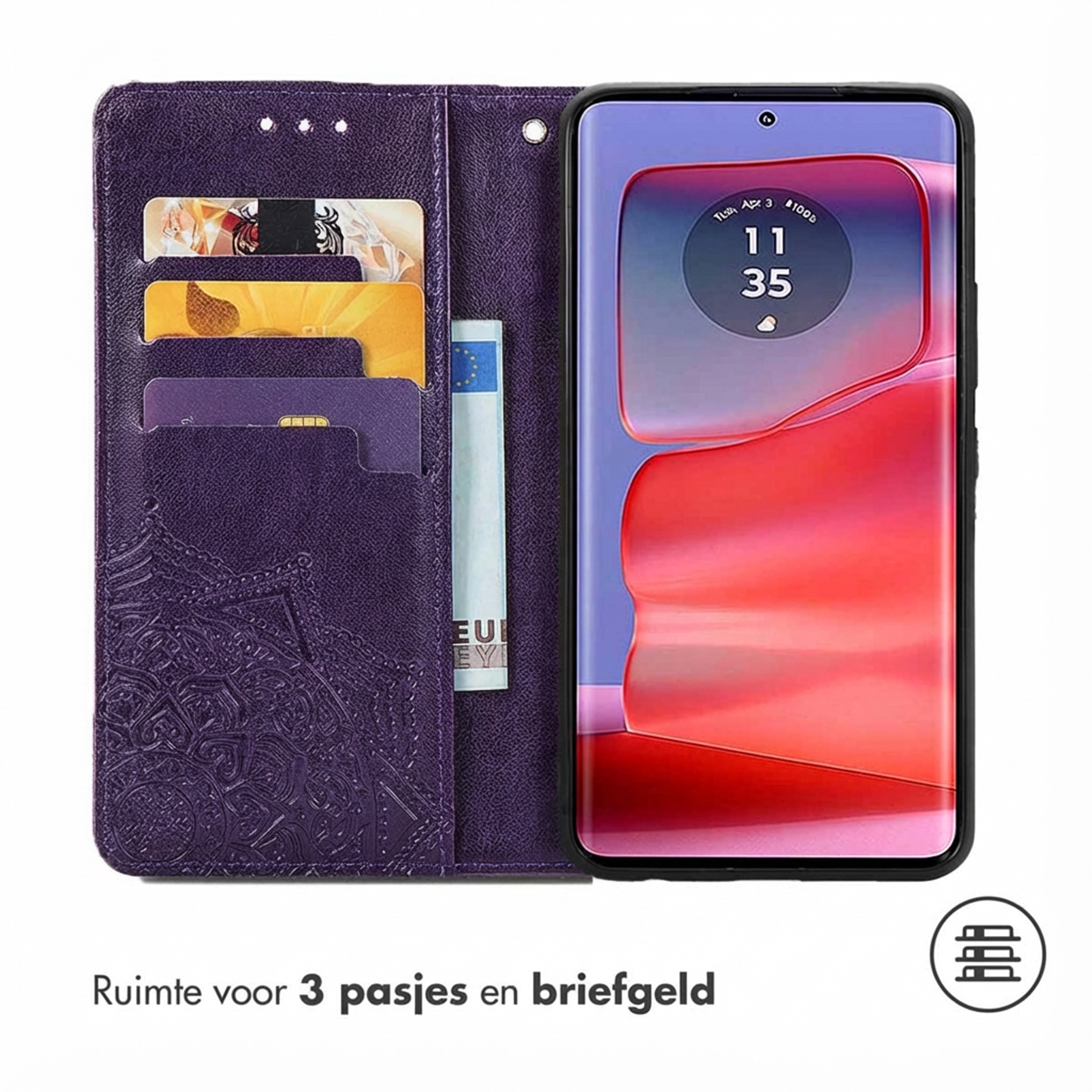 Étui de téléphone violet avec fentes pour cartes et téléphone affichant un écran rouge.