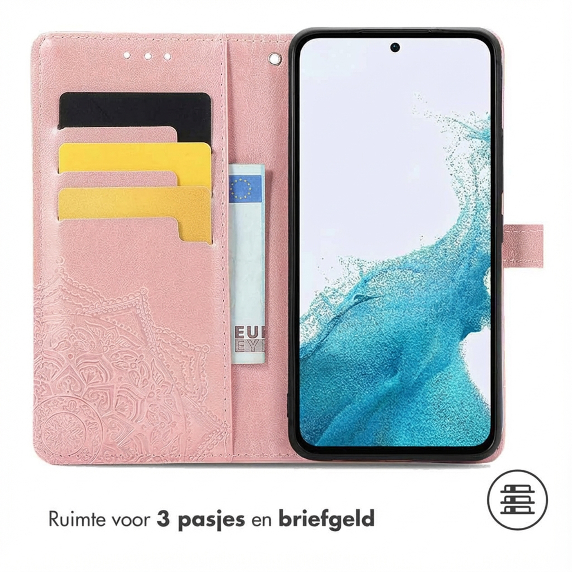 Un étui rose pour téléphone avec fentes pour cartes et poche.