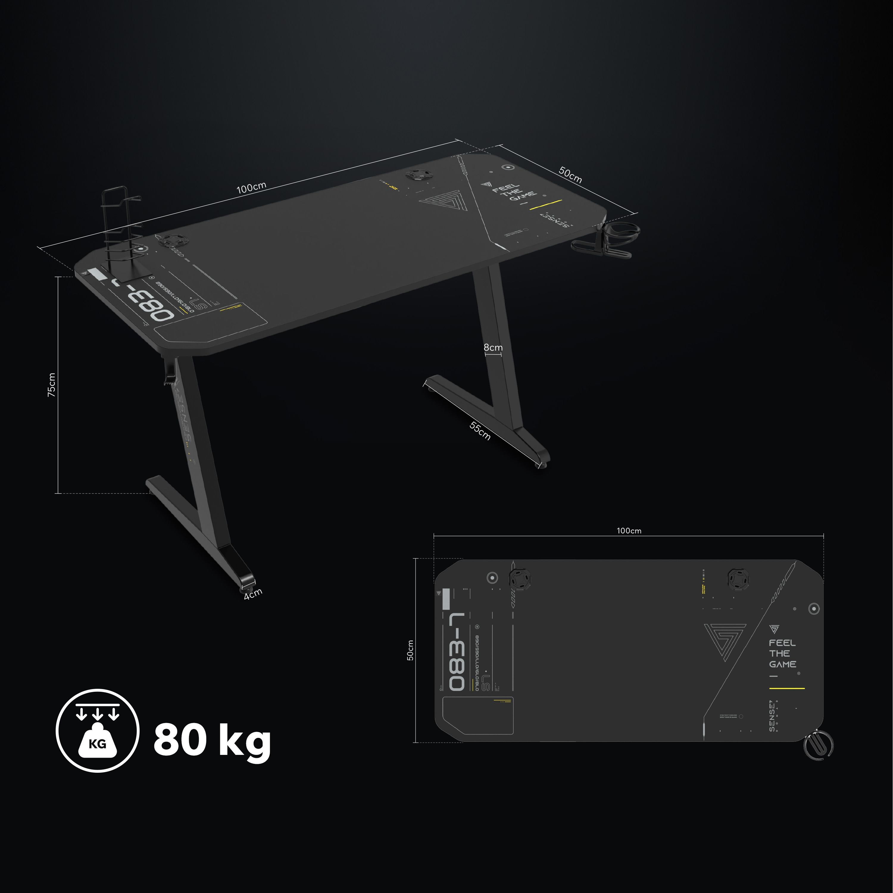 Zwart gamingbureau, 100x50x75cm afmetingen, 80kg draagvermogen.