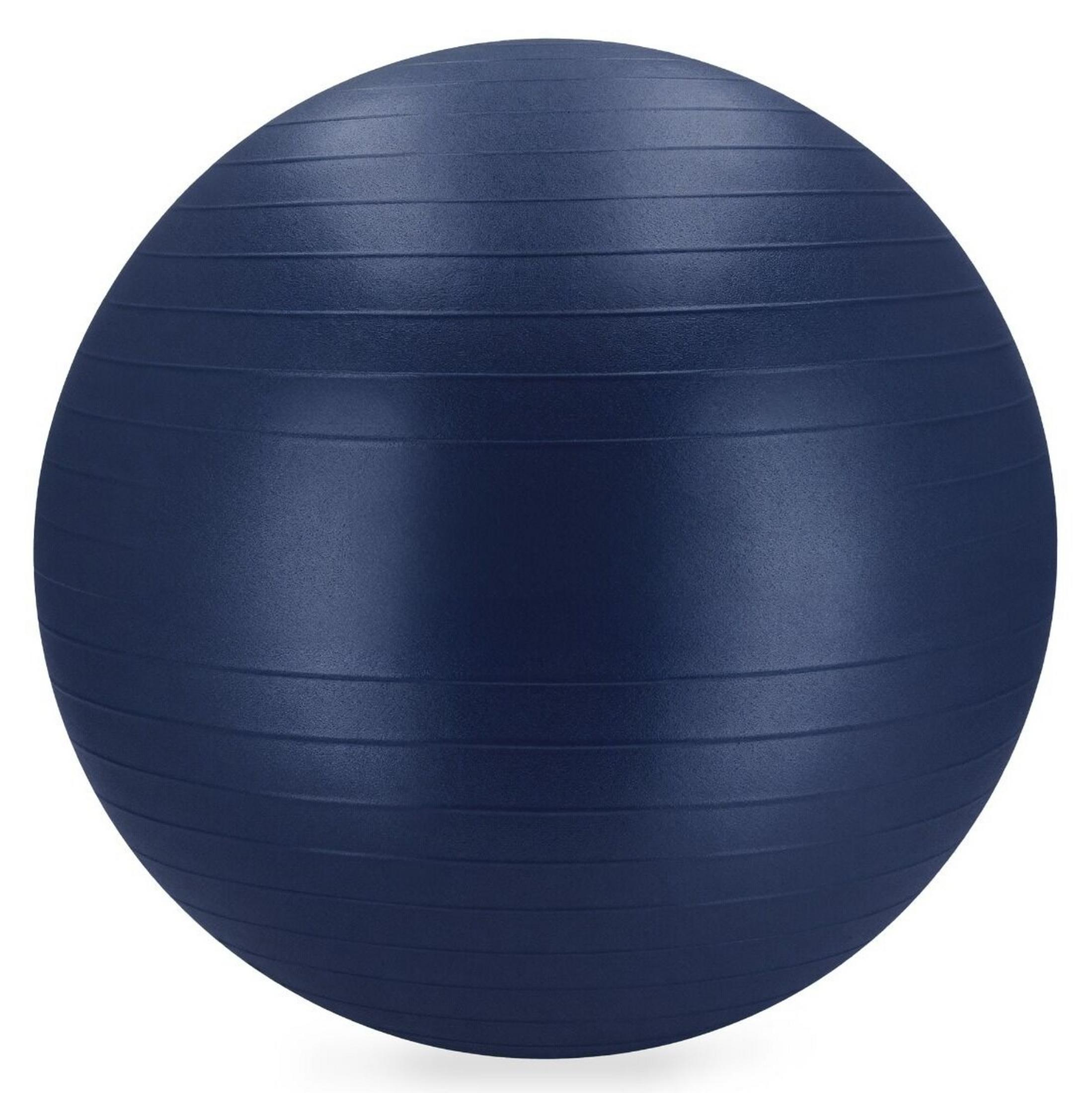 Una pelota de ejercicio azul oscuro con crestas horizontales sobre fondo blanco.