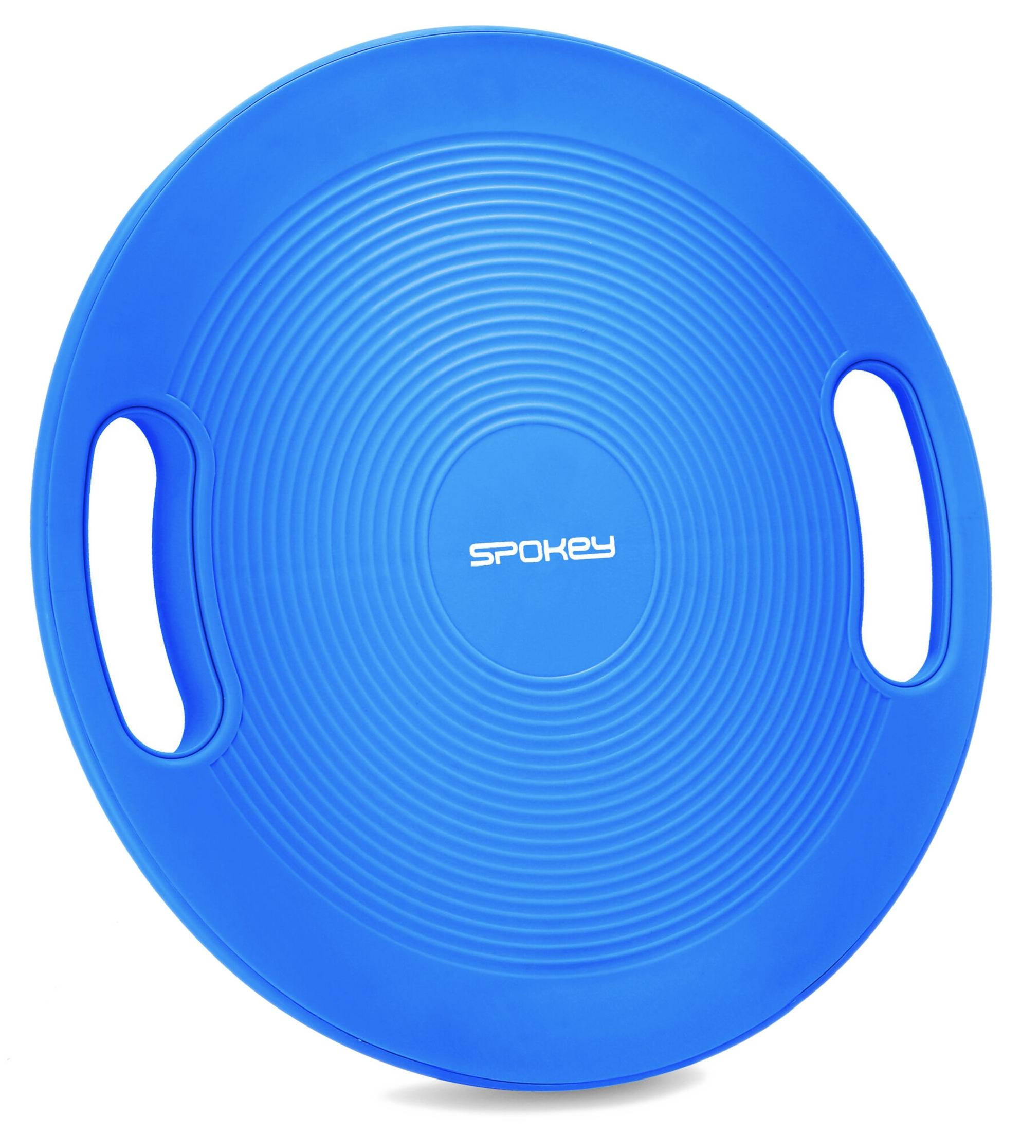 Niebieska deska do balansowania z uchwytami i koncentrycznymi rowkami.