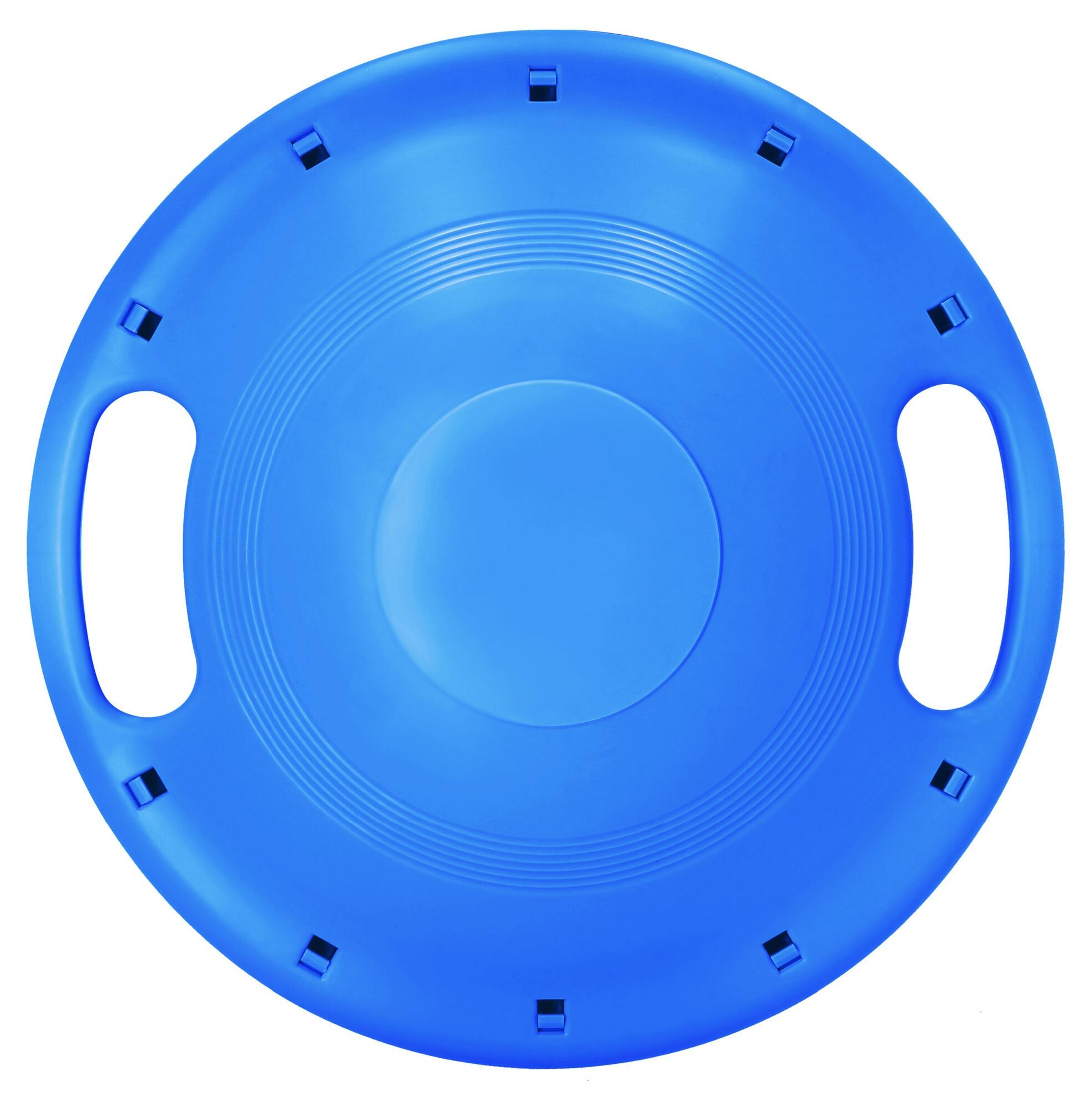 Niebieski, okrągły talerz do rzucania z uchwytami.