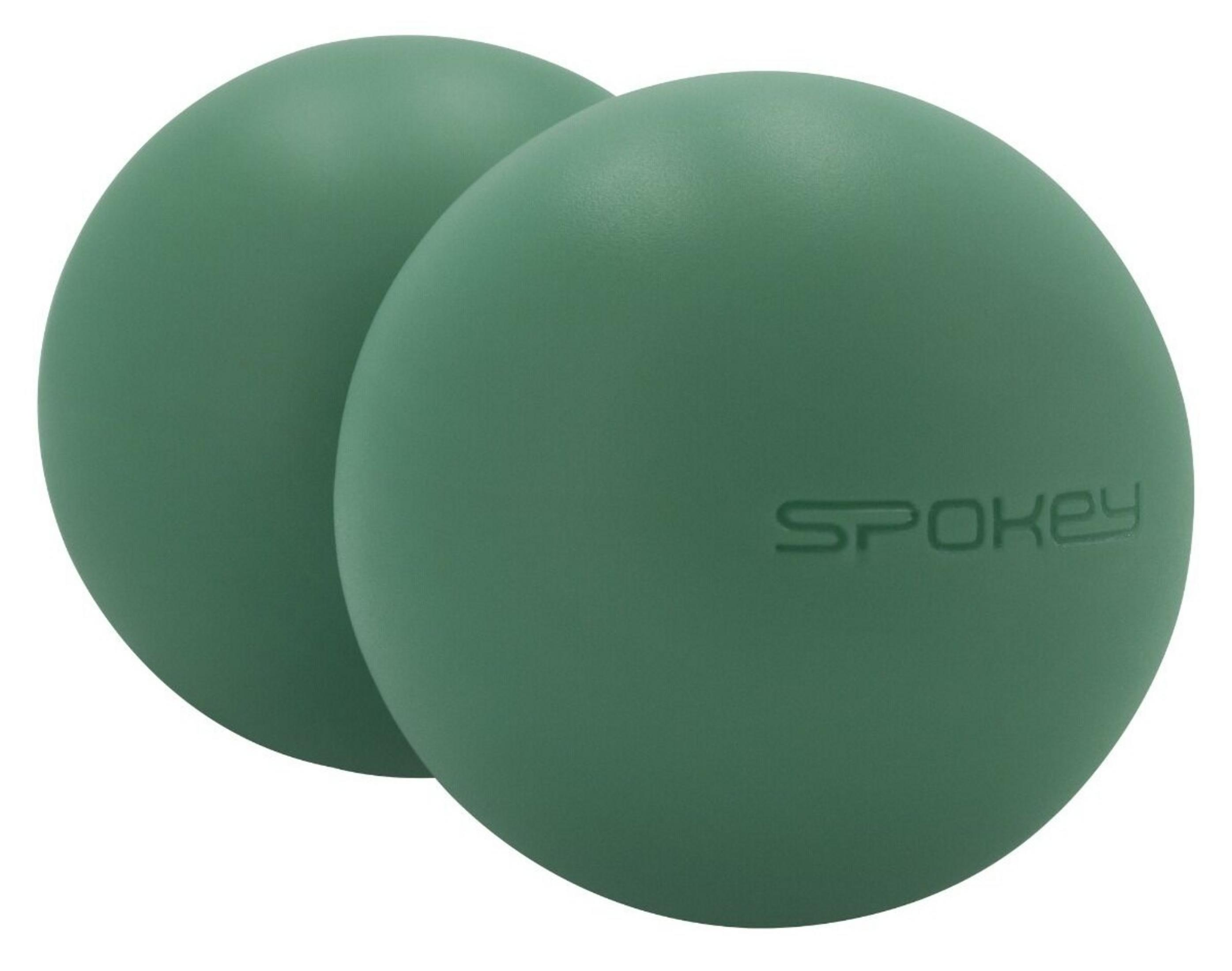 Due palline da massaggio verdi una accanto all'altra, con logo Spokey.