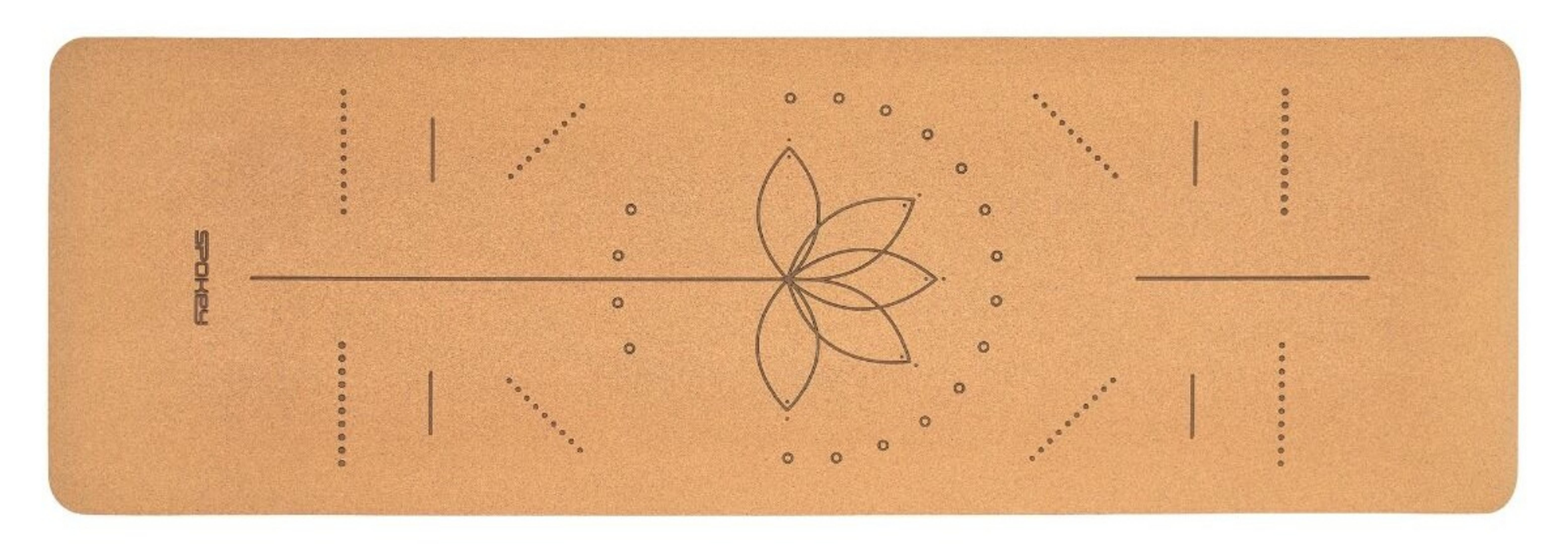 Esterilla de yoga marrón con diseño de flor de loto y logo Spokey.