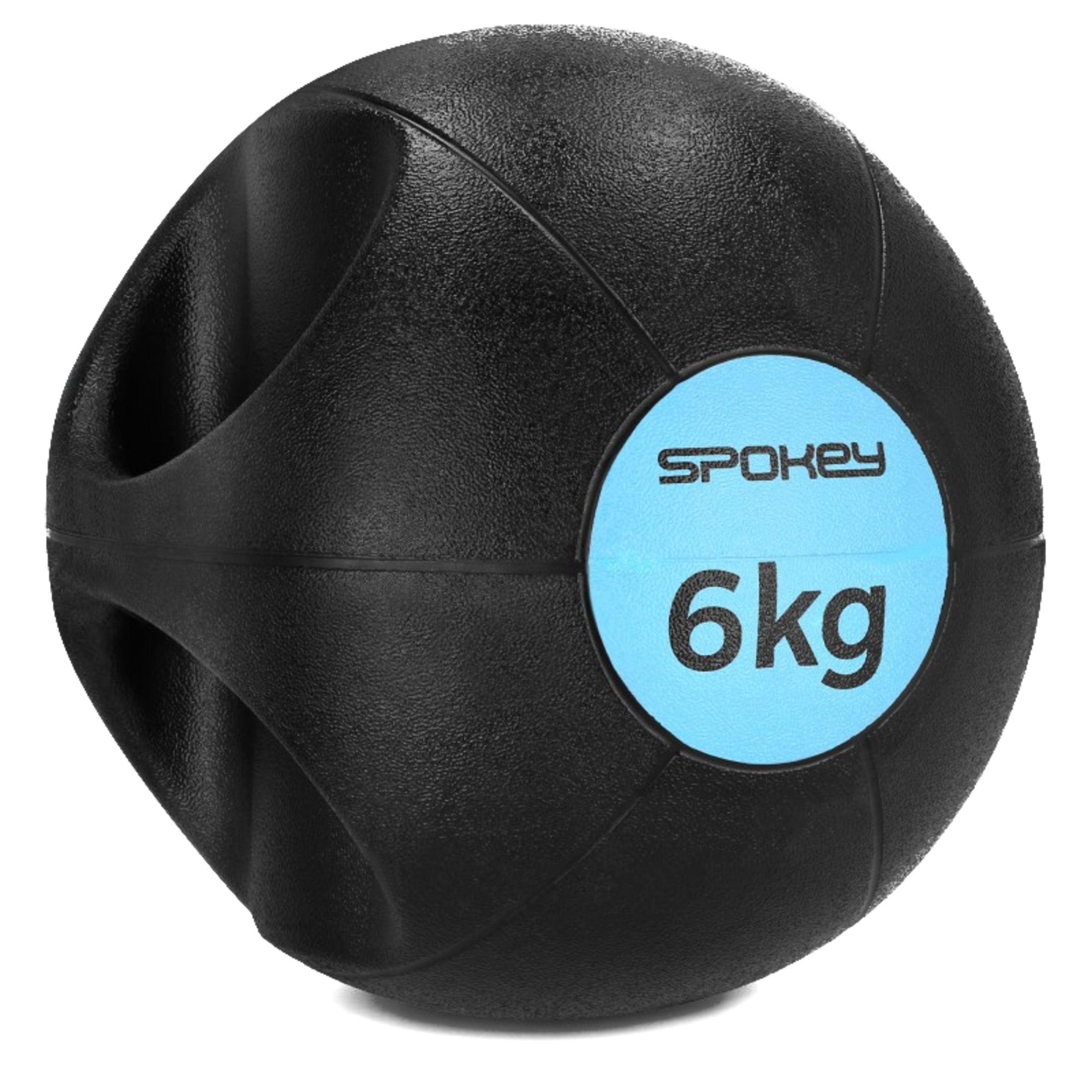 Czarna piłka lekarska 6 kg z wgłębieniami na uchwyt i niebieską etykietą.