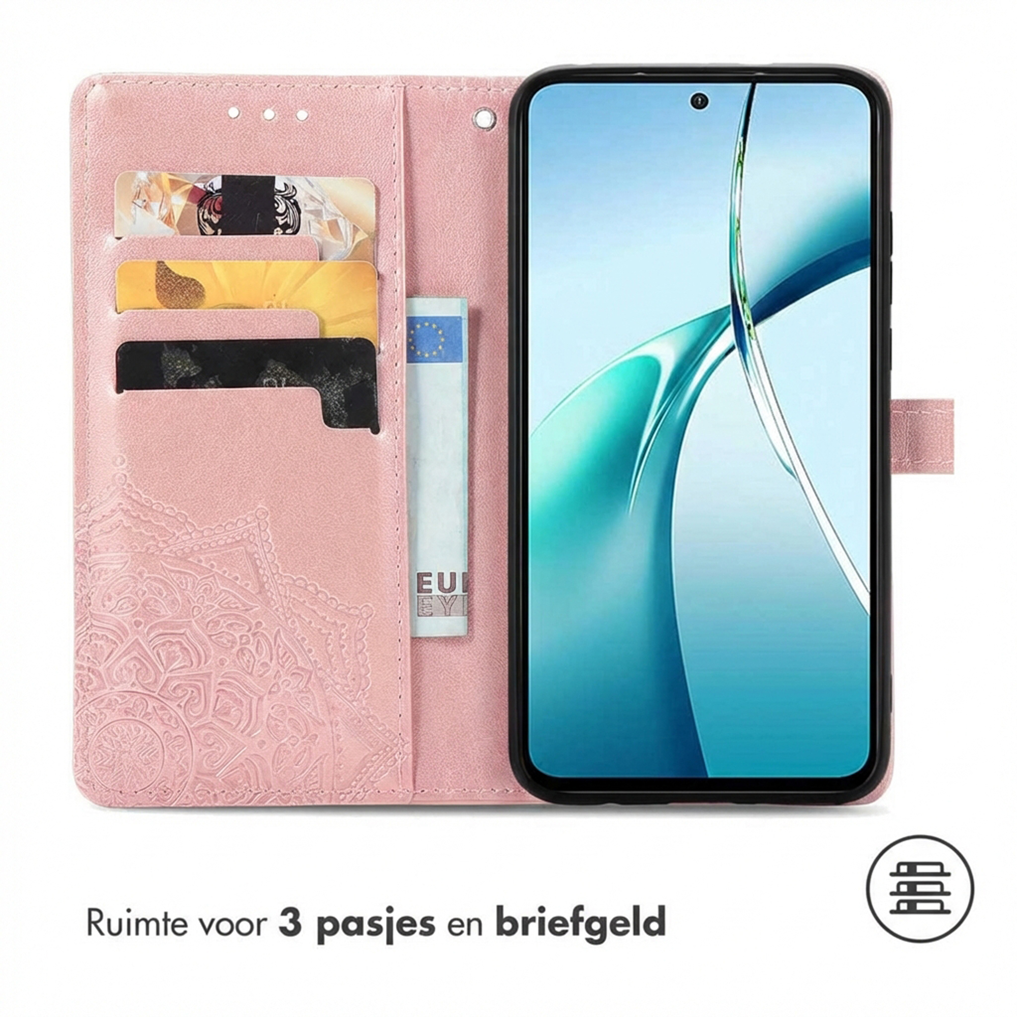 Een roze telefoonhoes met kaartsleuven en een telefoon. Met mandala-patroon.