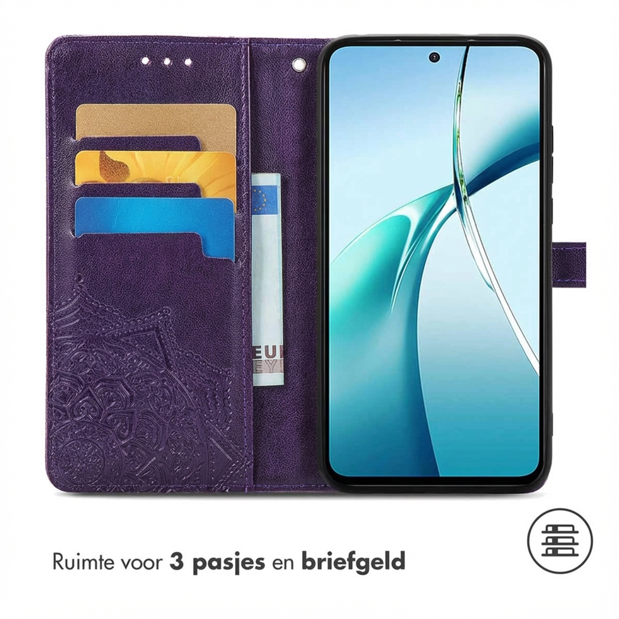 Paarse telefoonhoes met kaarthouders en telefoon.