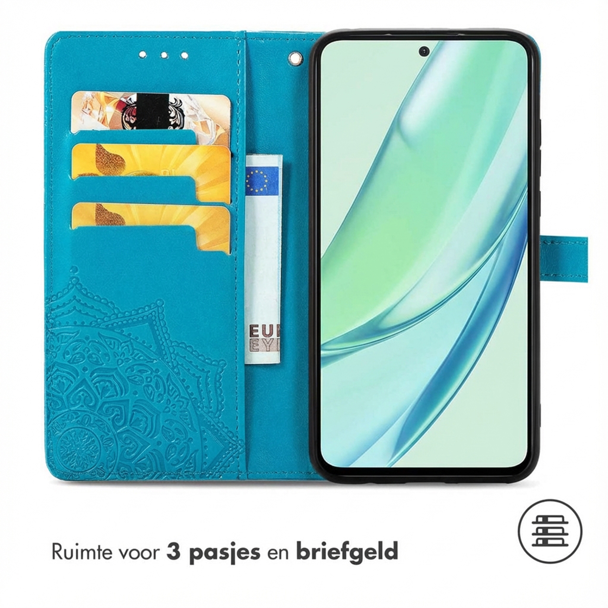 Turquoise portemonnee telefoonhoes met mandala reliëf, 3 kaartsleuven en biljetvak.