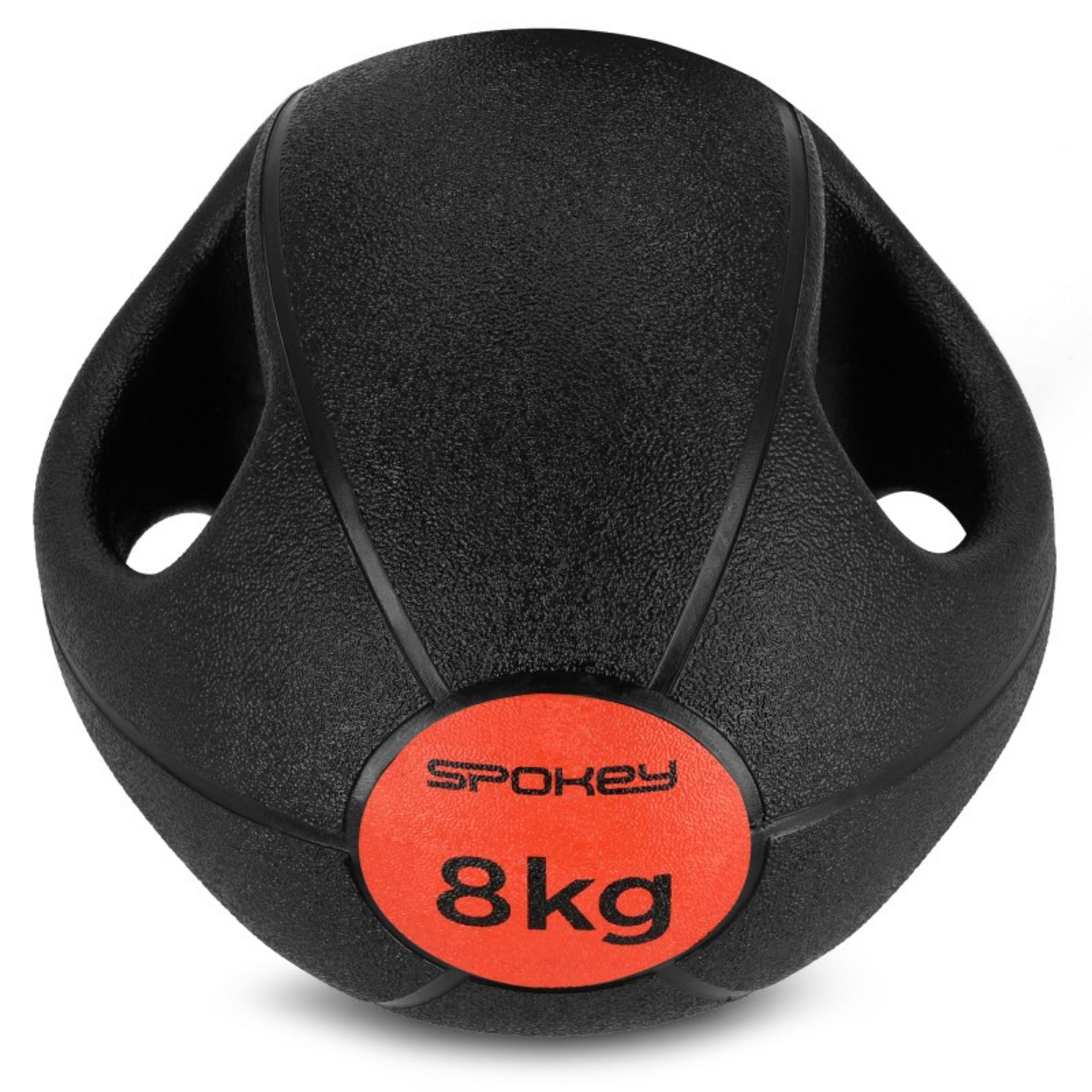 Balón medicinal negro con asas y marca roja de 8 kg.