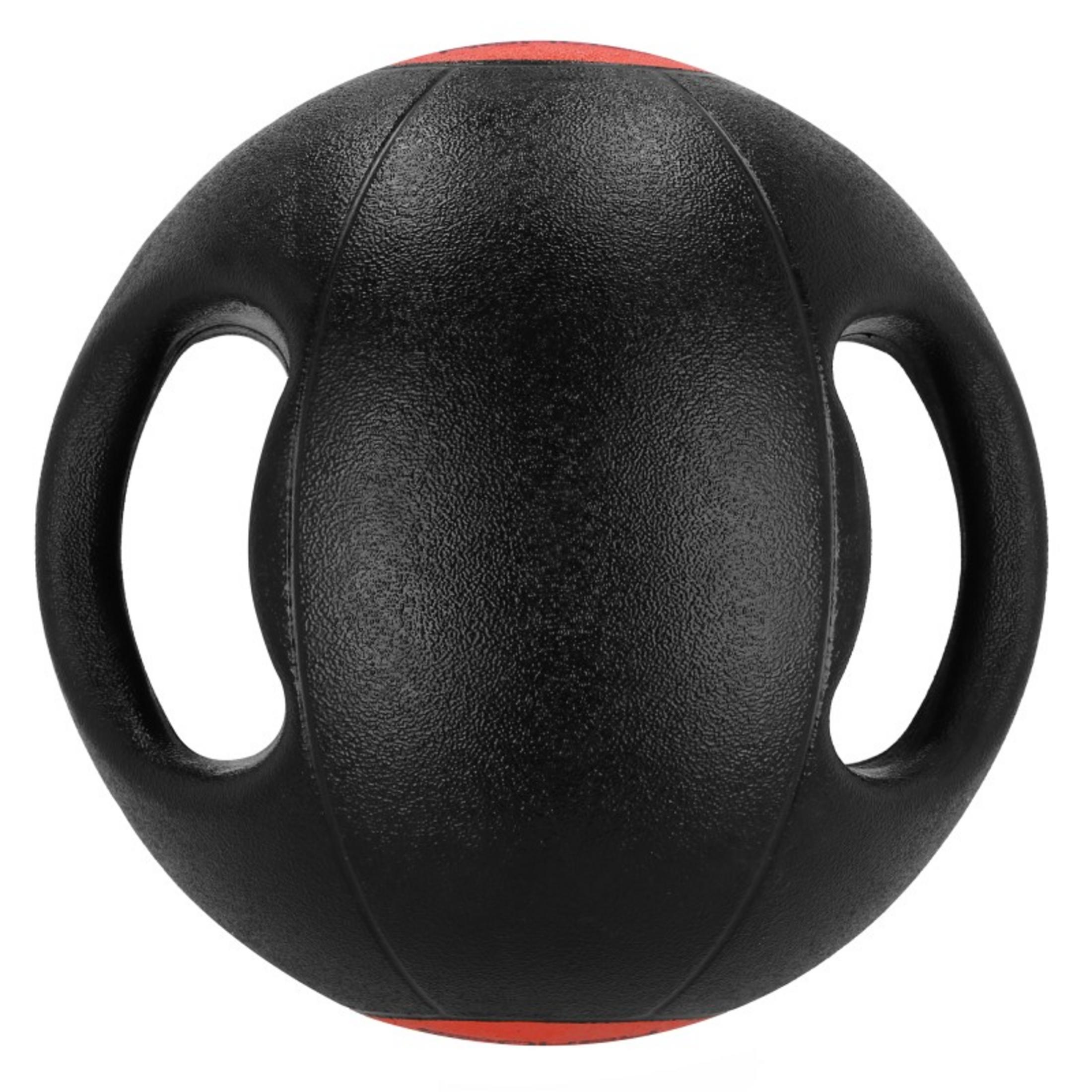 Balón medicinal negro con asas y detalles rojos.
