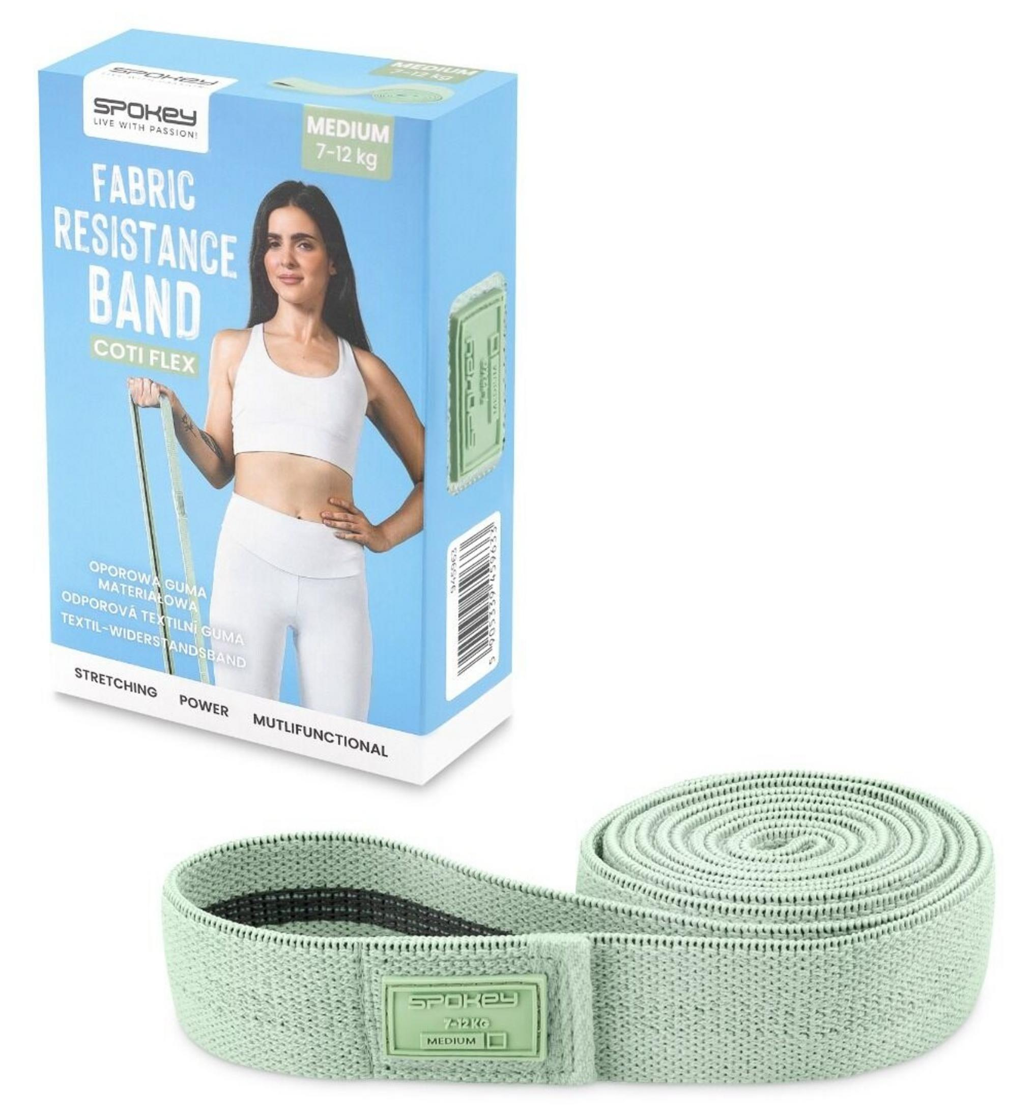 Una banda elástica verde menta con la etiqueta Spokey Medium 7-12 kg.