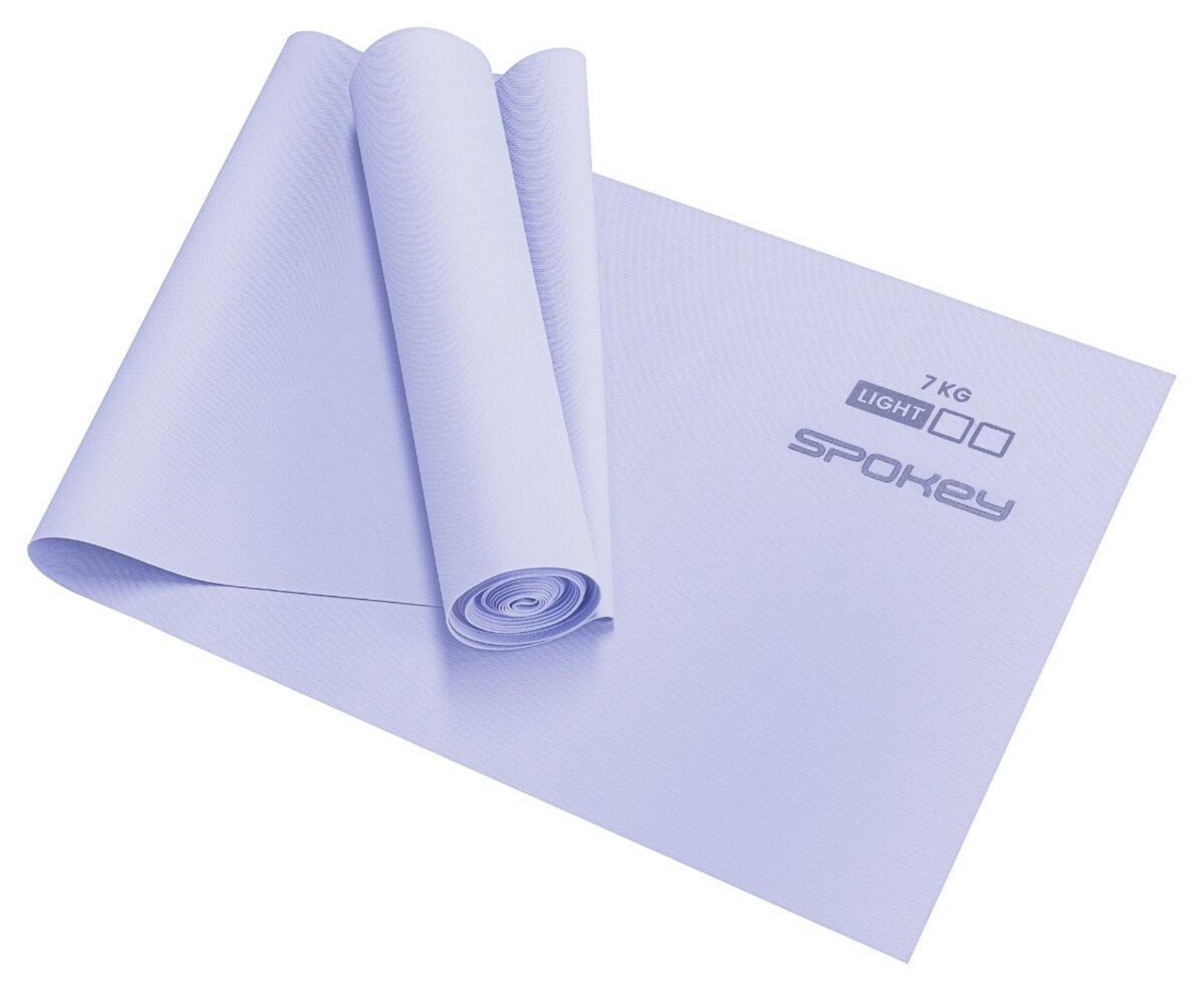 Una esterilla de yoga morada clara, parcialmente enrollada, con texto "7 KG LIGHT SPOKEY".